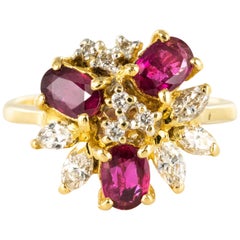 Vintage 1970s Ruby Diamonds Asymmetrical Yellow Gold Cocktail Ring