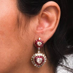 1970er Jahre Rubin Herz Diamant Gold Tag und Nacht Kronleuchter Tropfen-Ohrclips-On Ohrringe