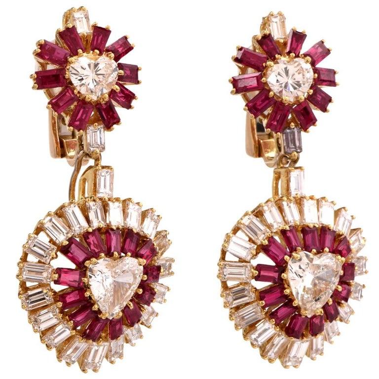 1970s Ruby Heart Diamond Gold Day and Night Chandelier Drop Clip-On Earrings In Excellent Condition For Sale In Miami, FL
