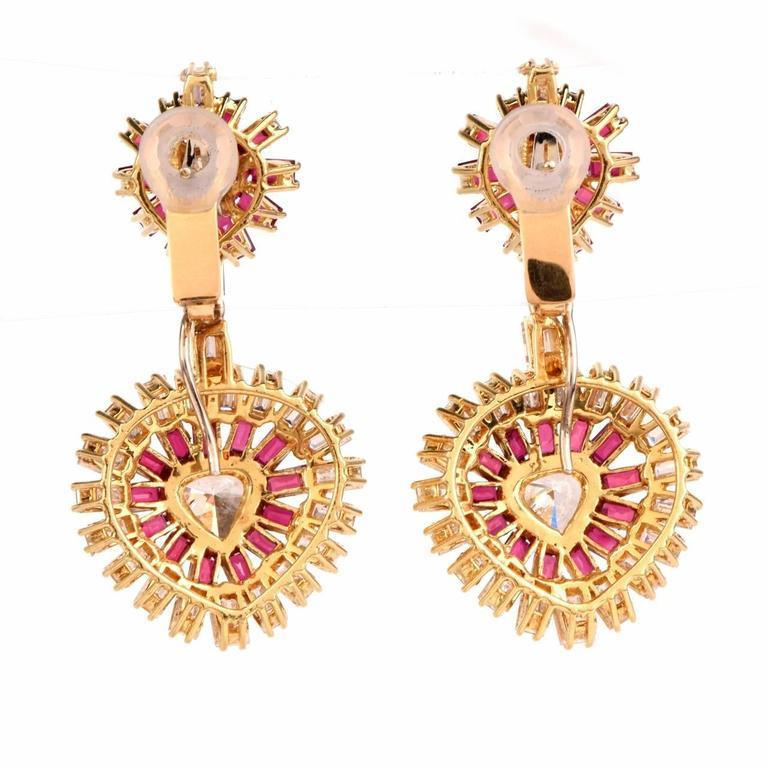 1970s Ruby Heart Diamond Gold Day and Night Chandelier Drop Clip-On Earrings For Sale 1