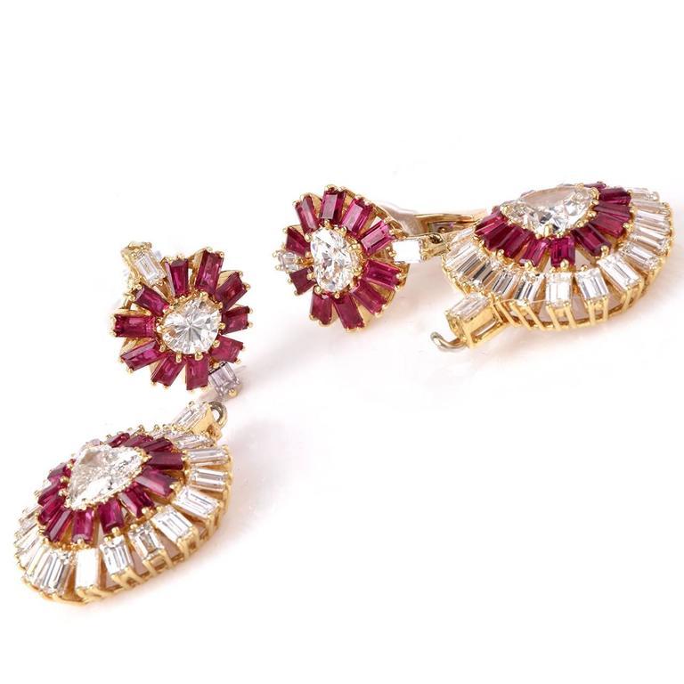 1970s Ruby Heart Diamond Gold Day and Night Chandelier Drop Clip-On Earrings For Sale 3