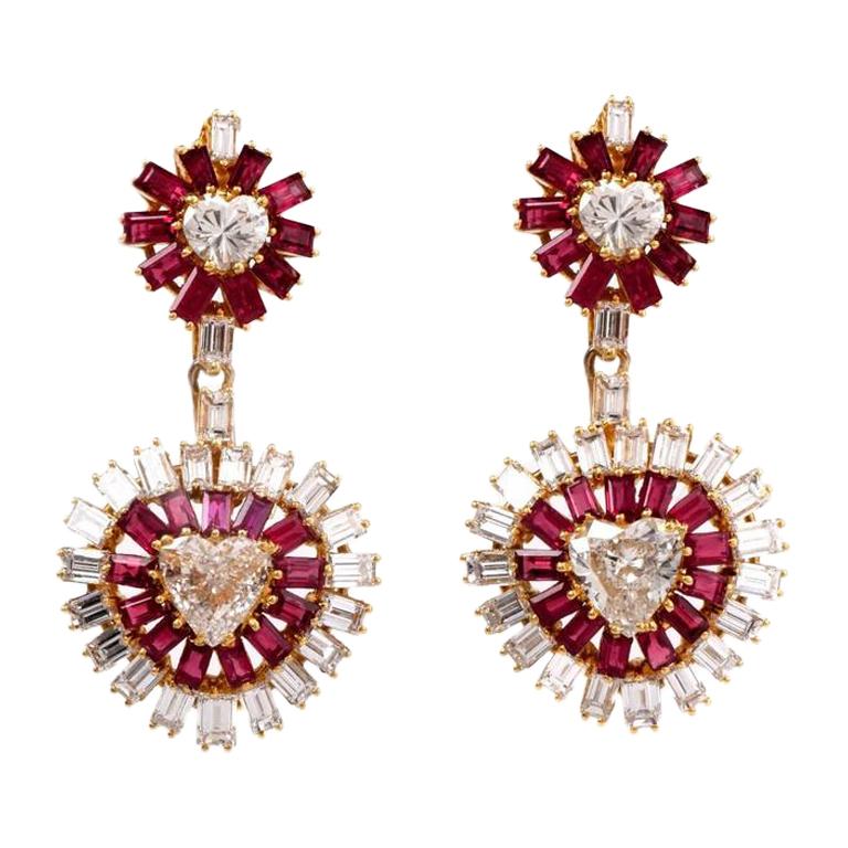 1970s Ruby Heart Diamond Gold Day and Night Chandelier Drop Clip-On Earrings