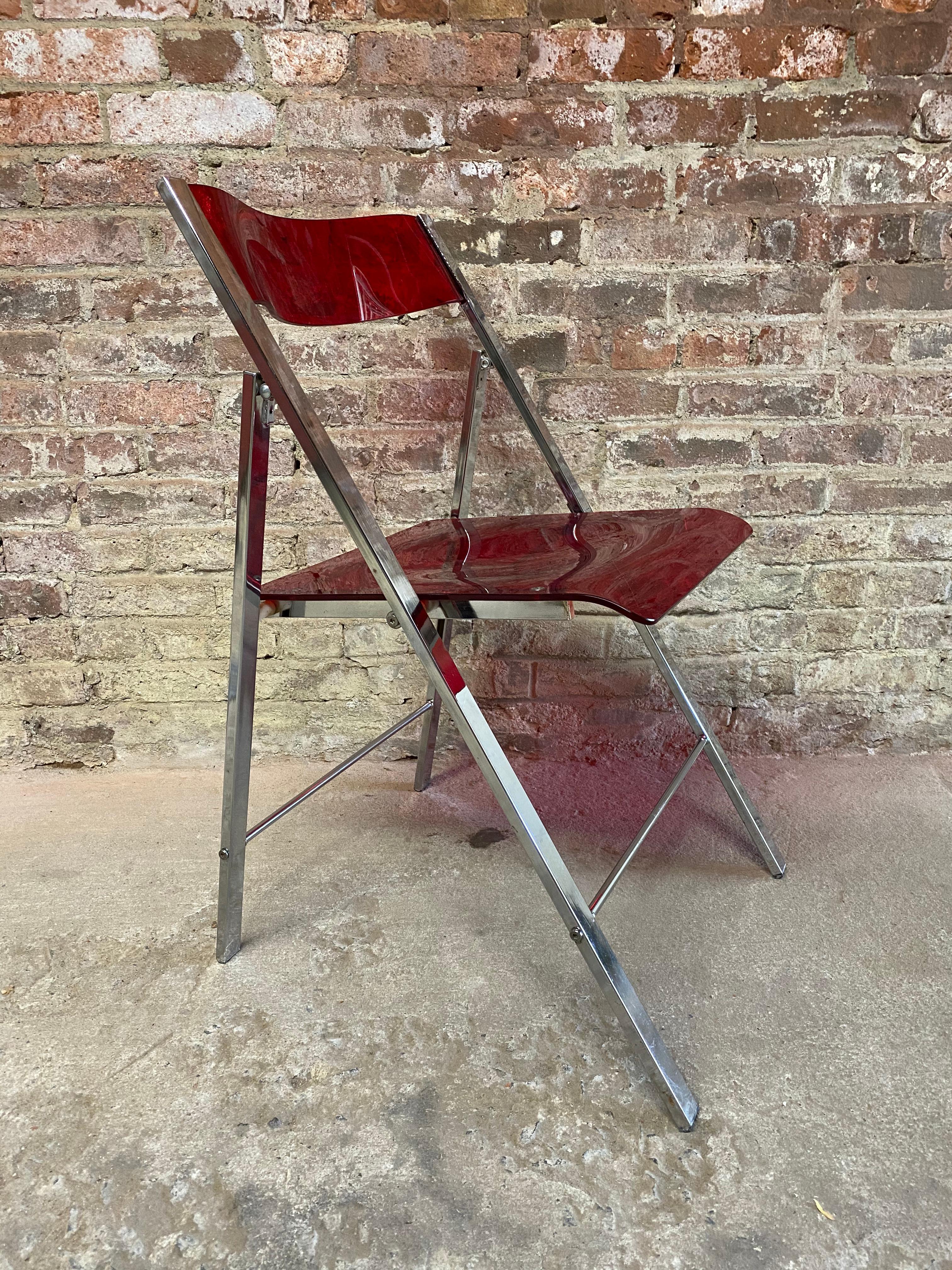 Menno Modern Ruby Red Acrylic and Chrome Folding Chairs, Set of 4 In Good Condition In Garnerville, NY