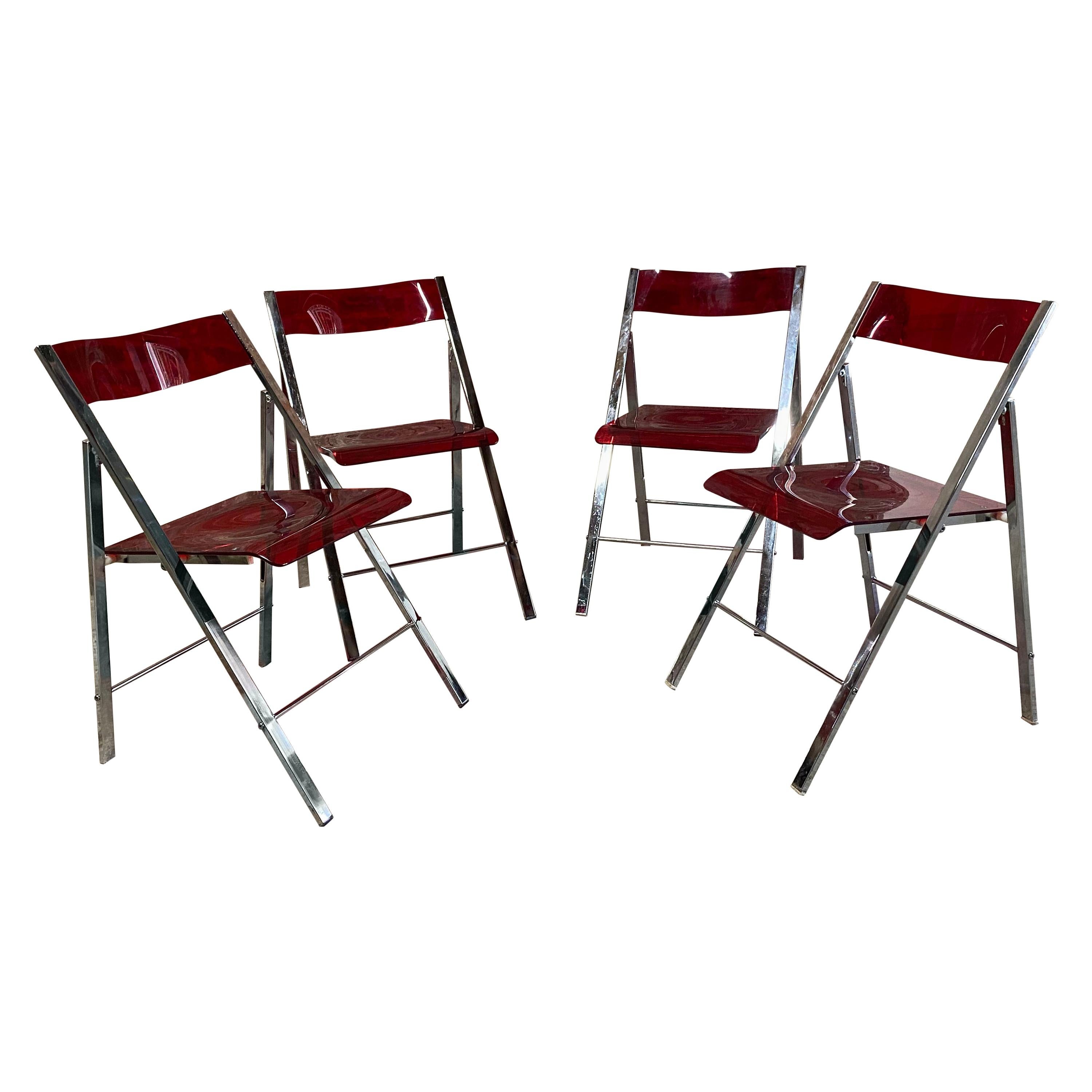 Menno Modern Ruby Red Acrylic and Chrome Folding Chairs, Set of 4