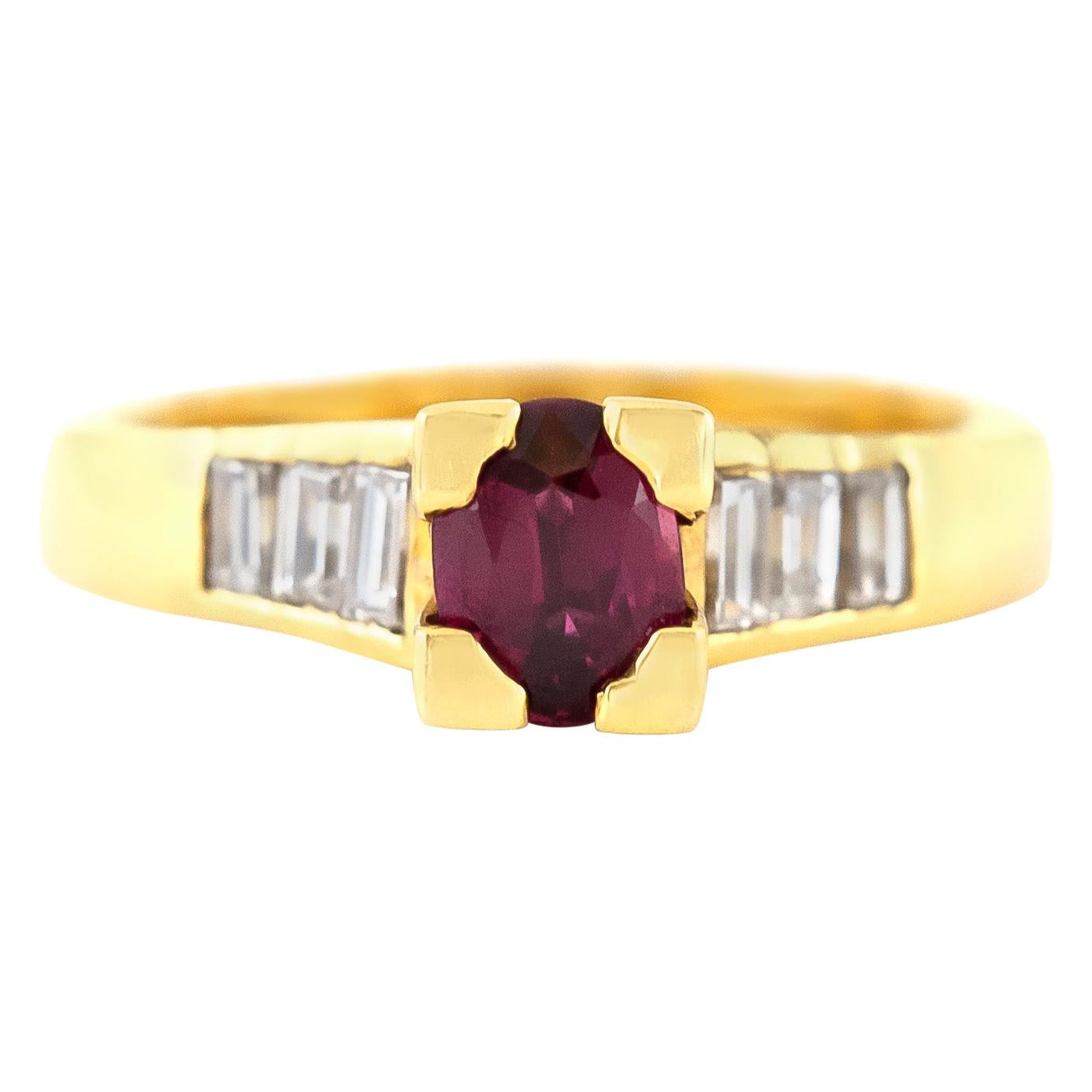 1970s Ruby Ring with Baguette Cut Diamonds Ring For Sale