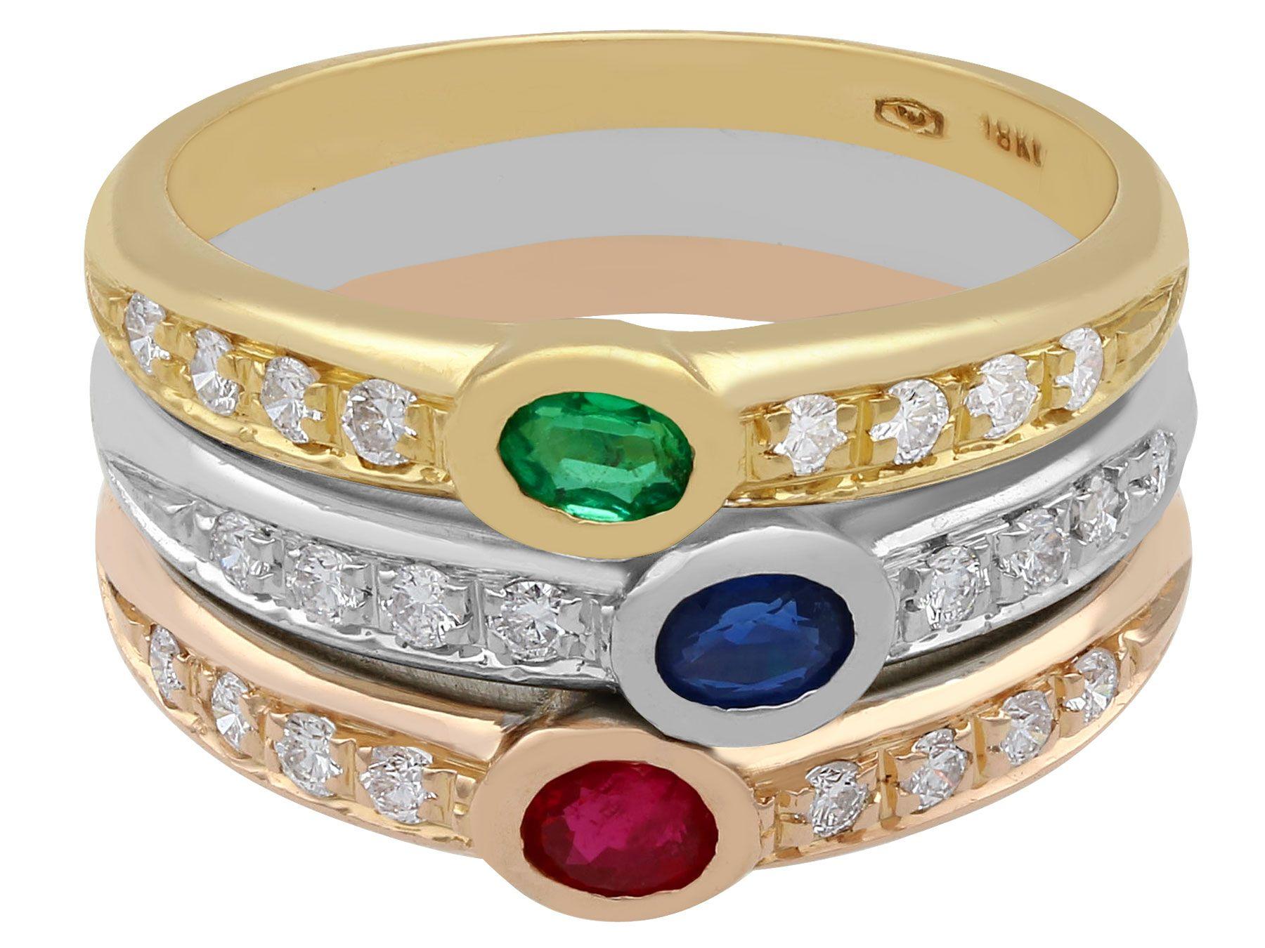 Round Cut 1970s Ruby Sapphire Emerald and Diamond Cocktail Ring