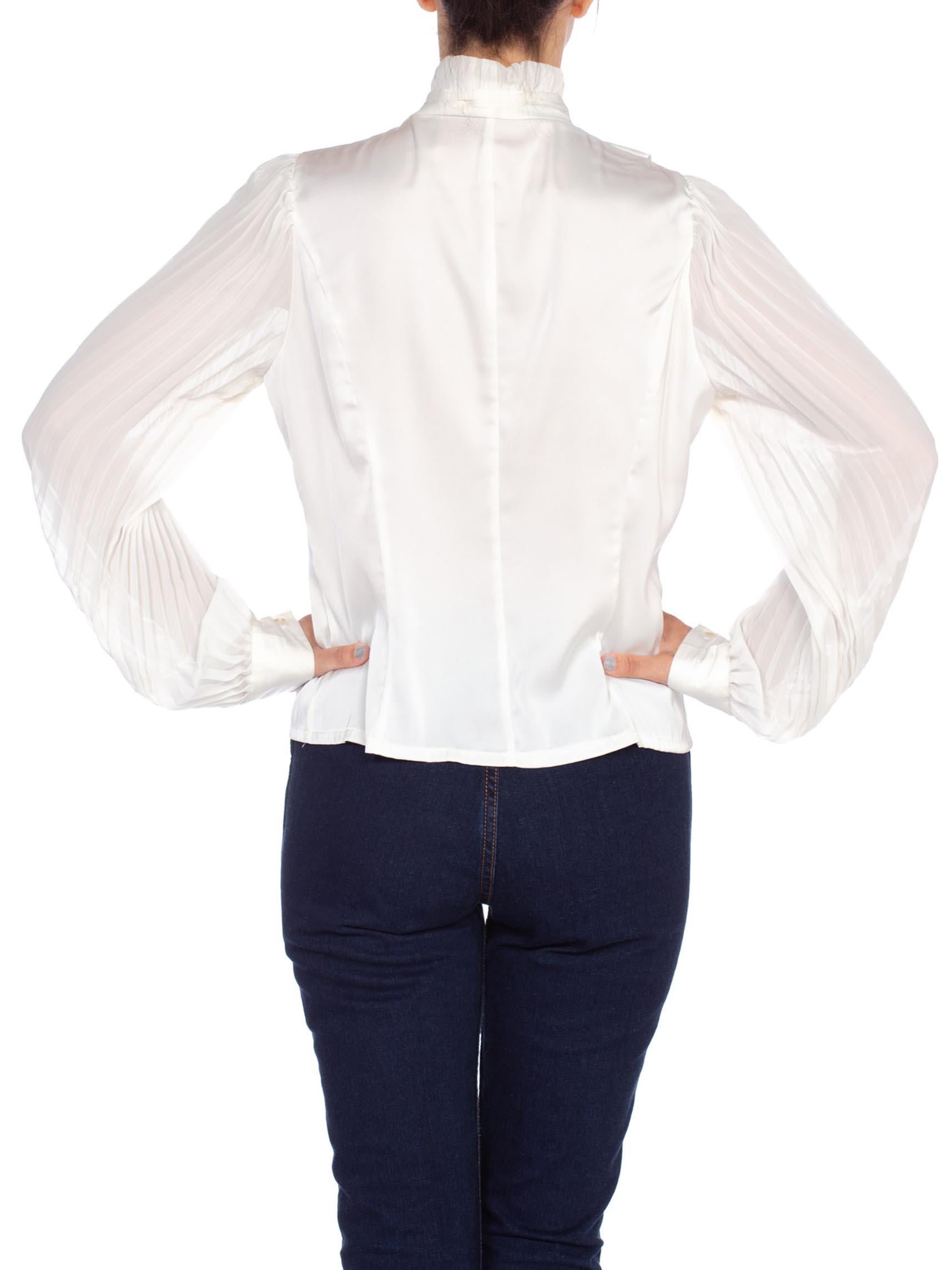 1970'S White Polyester Sateen Ruffled Bow Neck Blouse 2