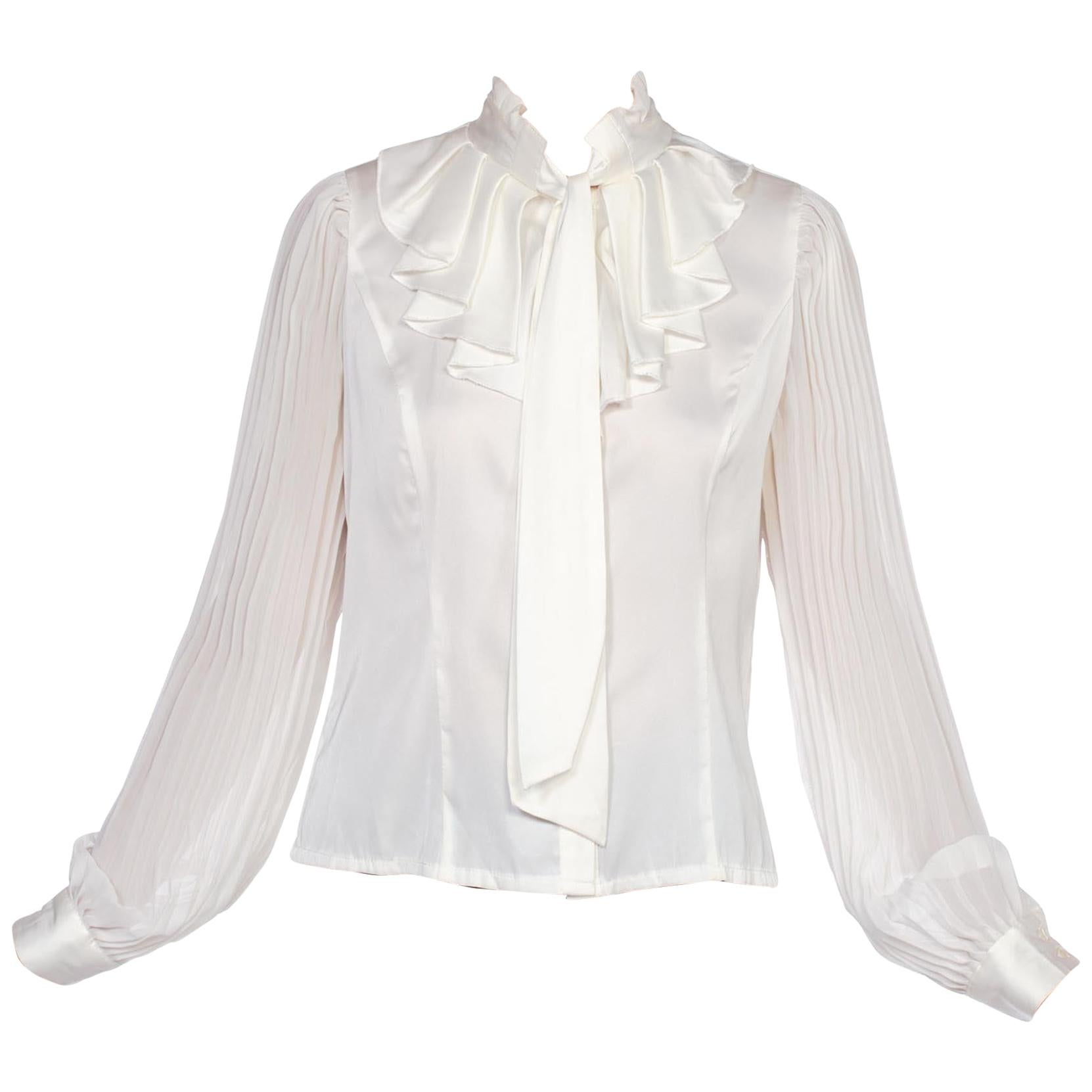 1970'S White Polyester Sateen Ruffled Bow Neck Blouse