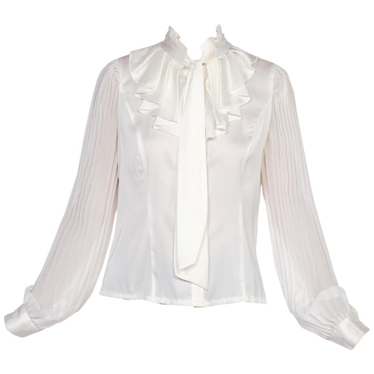 1970'S White Polyester Sateen Ruffled Bow Neck Blouse at 1stDibs
