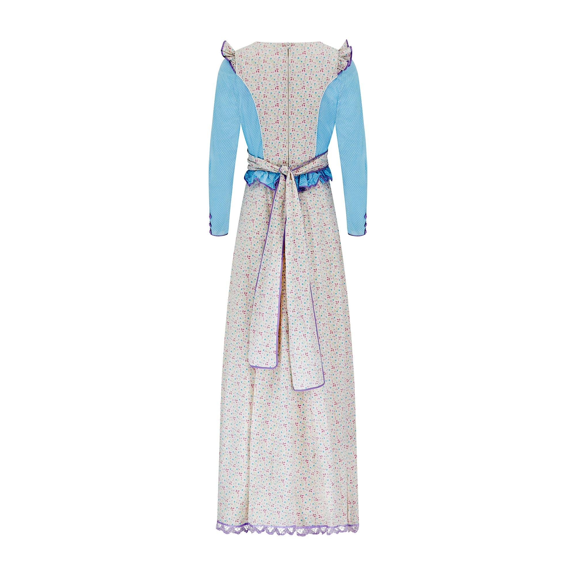 Gris Rumak Robe longue en coton imprimé floral à pois bleu des années 1970 en vente