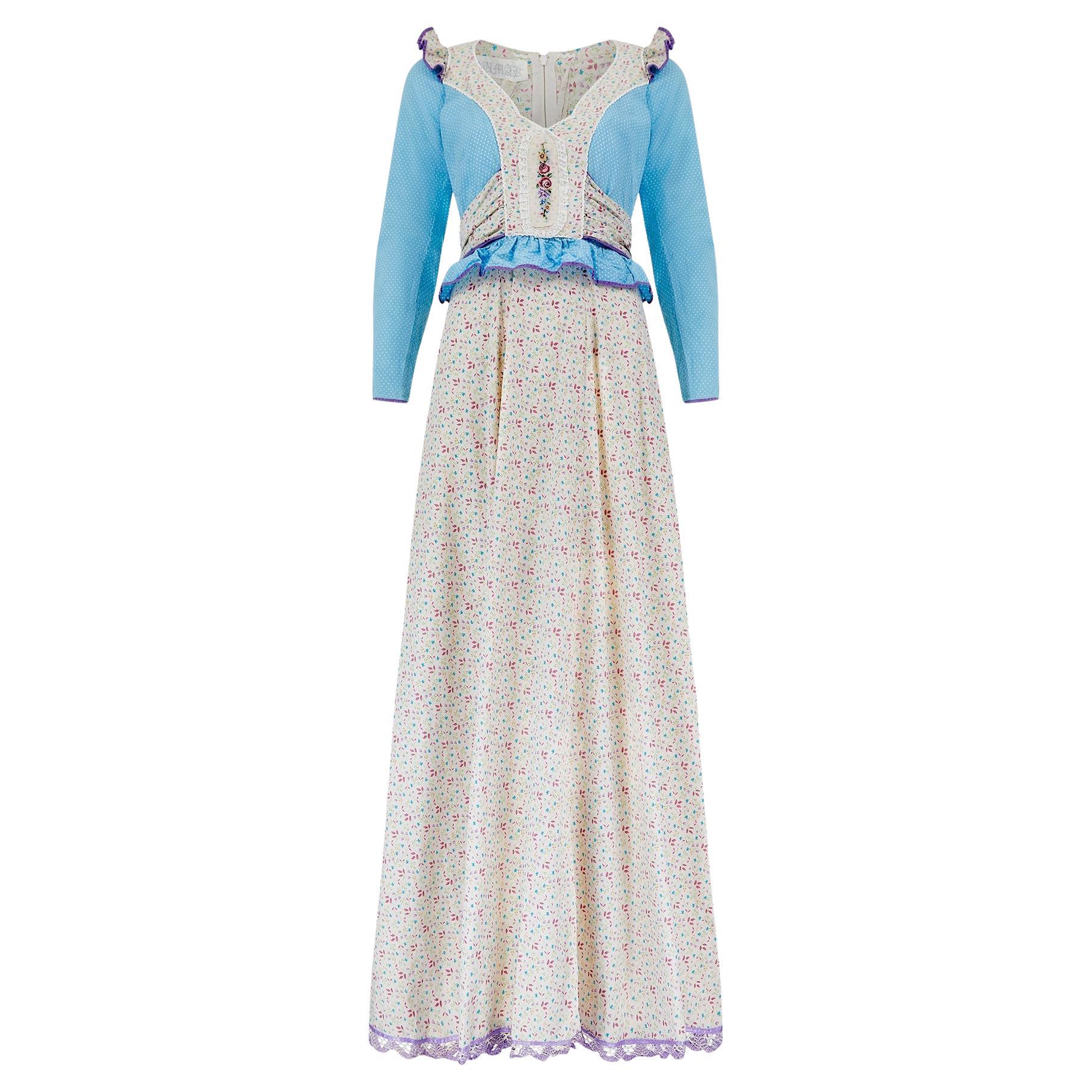 1970s Rumak Blue Polka Dot Floral Print Cotton Maxi Dress