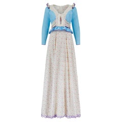 1970s Rumak Blue Polka Dot Floral Print Cotton Maxi Dress