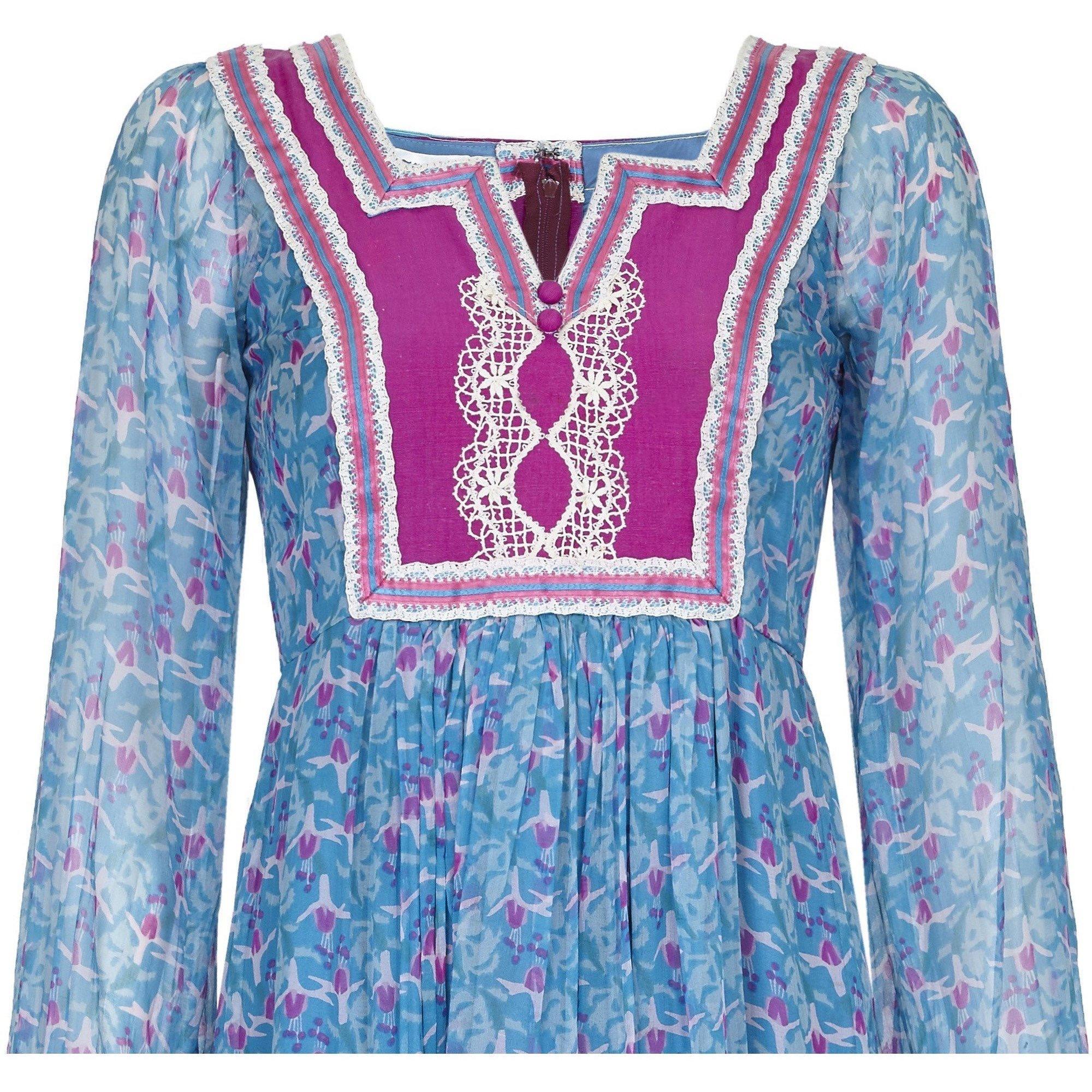 Blue 1970s Rumak Couture Boho Silk Chiffon Dress - like Thea Porter