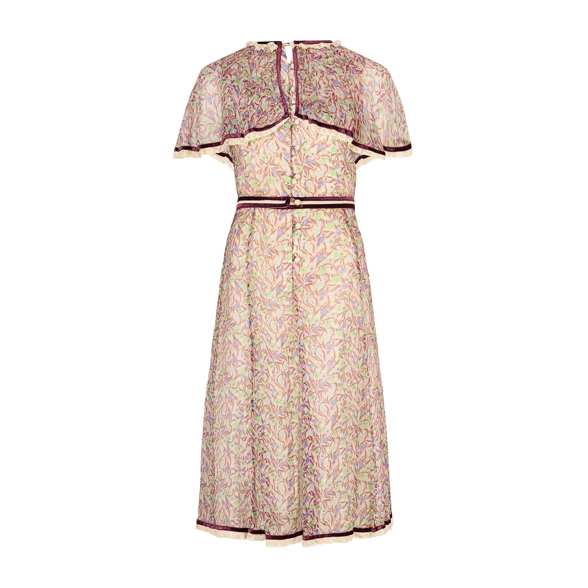 Beige Abito in chiffon floreale in seta Rumak Couture anni '70 con mantellina in vendita