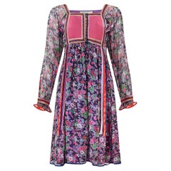 1970s Rumak Silk Floral and Ribbon Work Dress