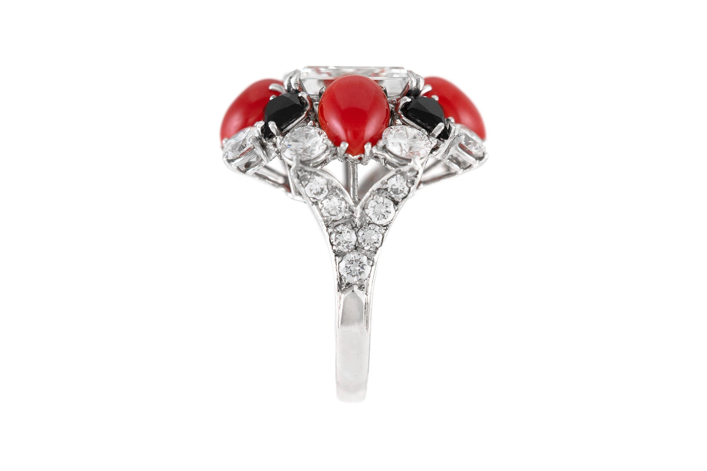 1970s Ruser Ring with Center GIA Emerald Cut Diamond, Coral and Onyx In Excellent Condition In New York, NY