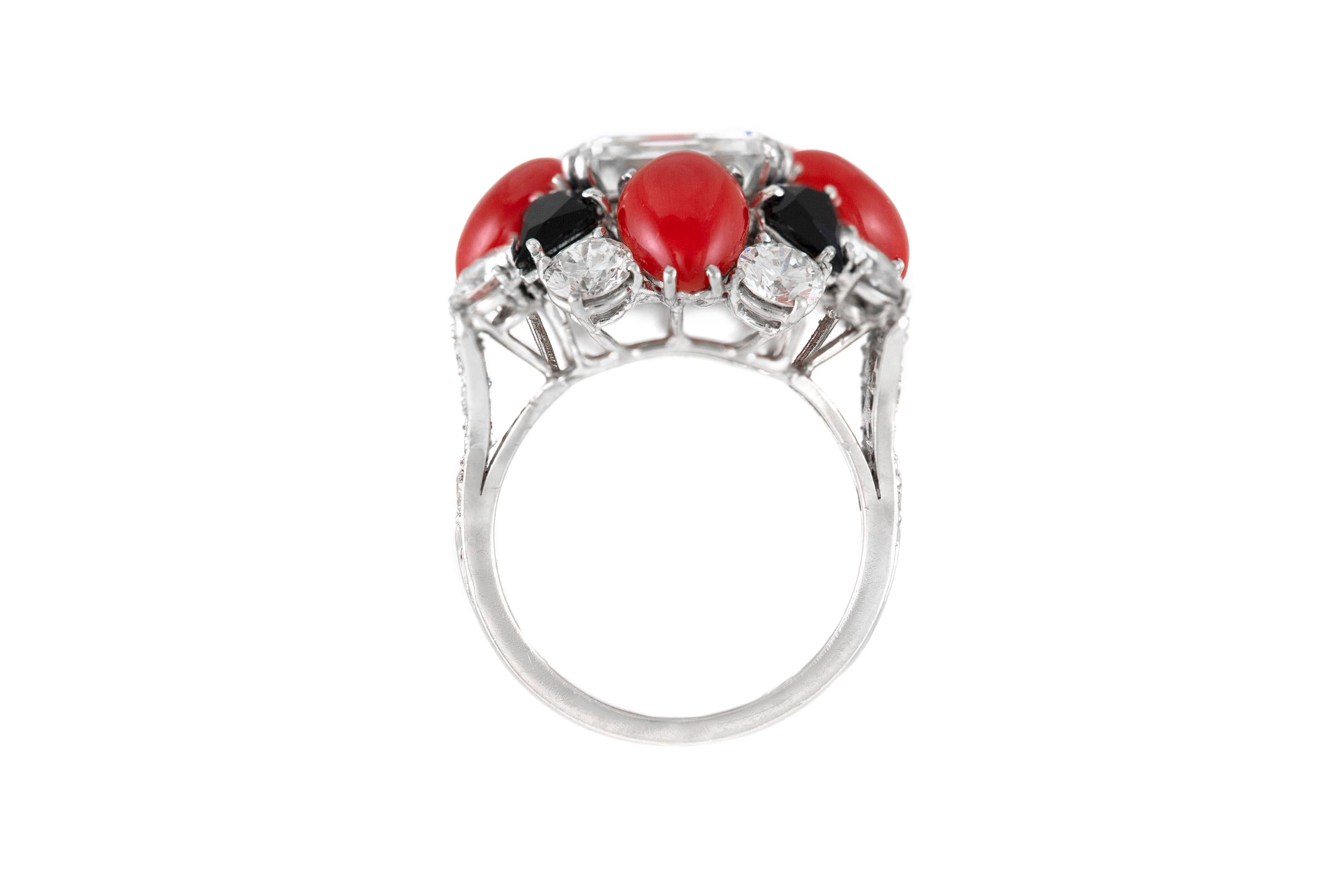 Women's or Men's 1970s Ruser Ring with Center GIA Emerald Cut Diamond, Coral and Onyx