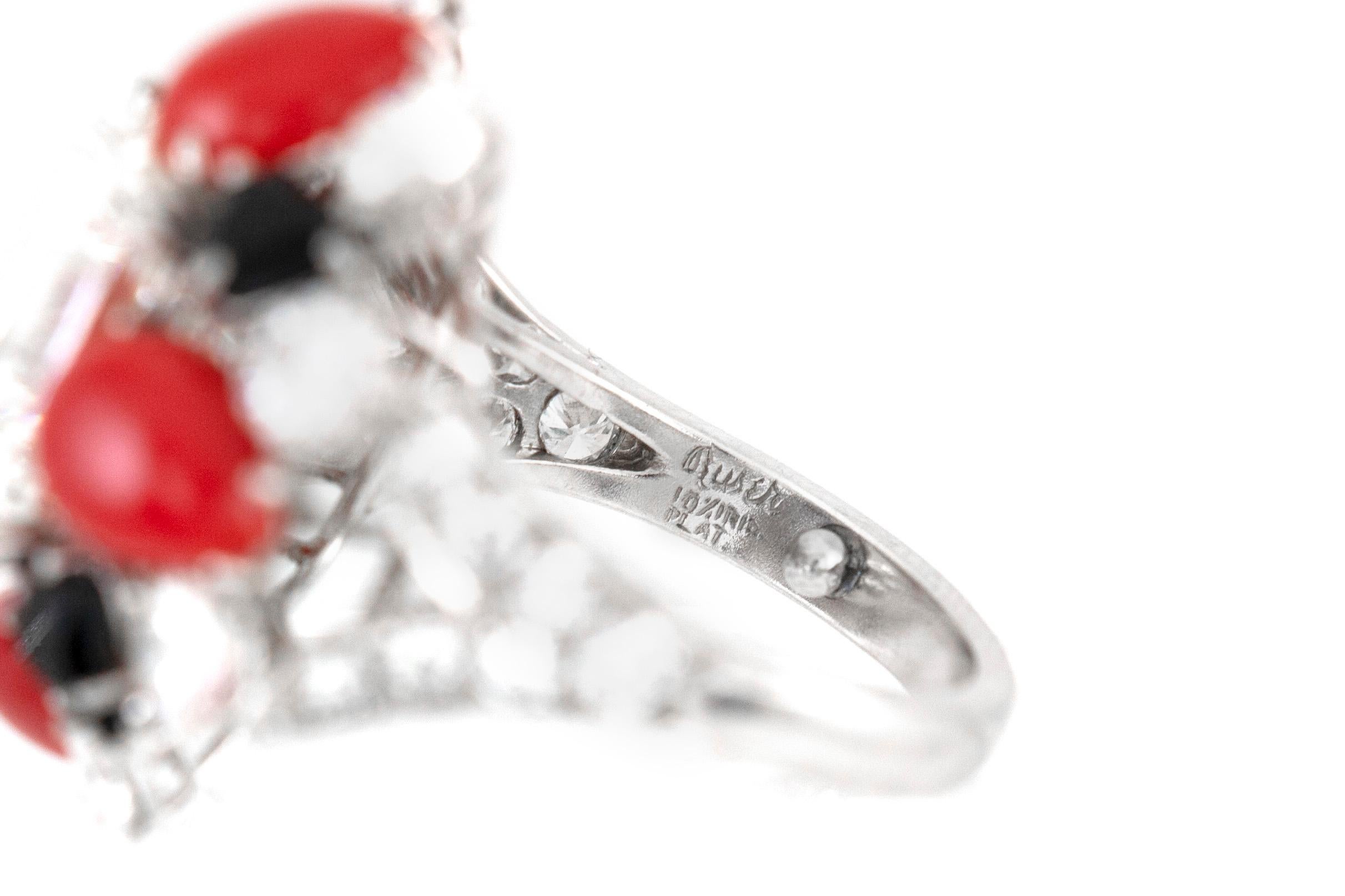 1970s Ruser Ring with Center GIA Emerald Cut Diamond, Coral and Onyx 1