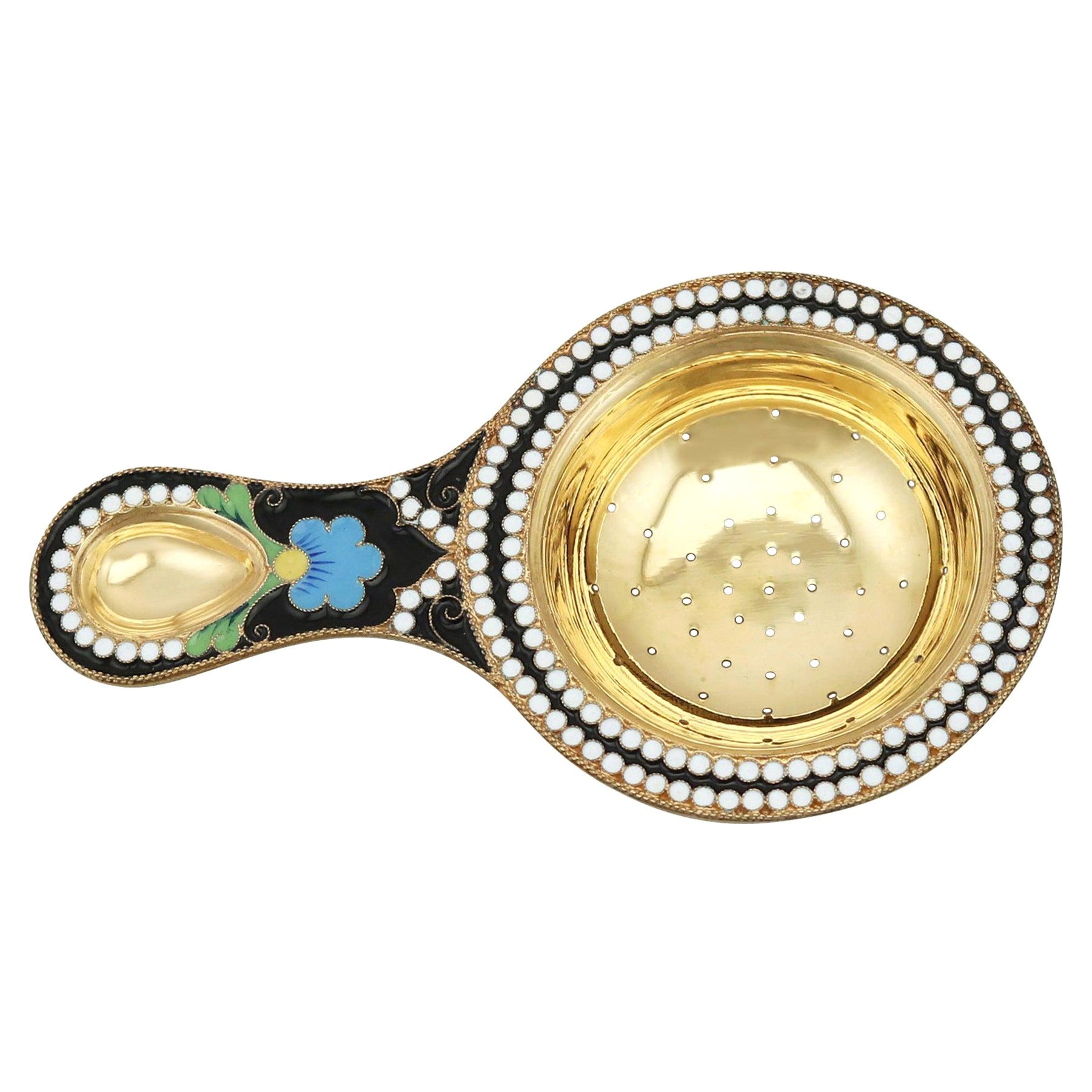 1970s Russian Silver Gilt and Polychrome Cloisonné Enamel Tea Strainer