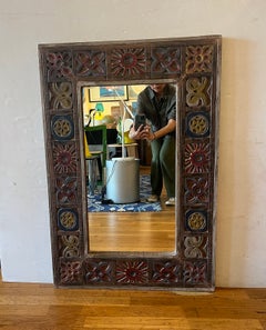 Specchio da parete rustico anni '70 Patchwork intagliato con colori misti, Wood, arte popolare messicana