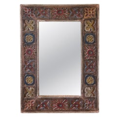 1970s Rustic Carved Patchwork Mix colors Mexican Folk Art Wood Wall Mirror