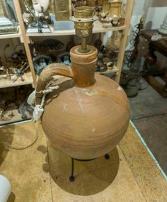 1970s Rustic Lamp Made from an Antique Clay Jug on an Iron Base