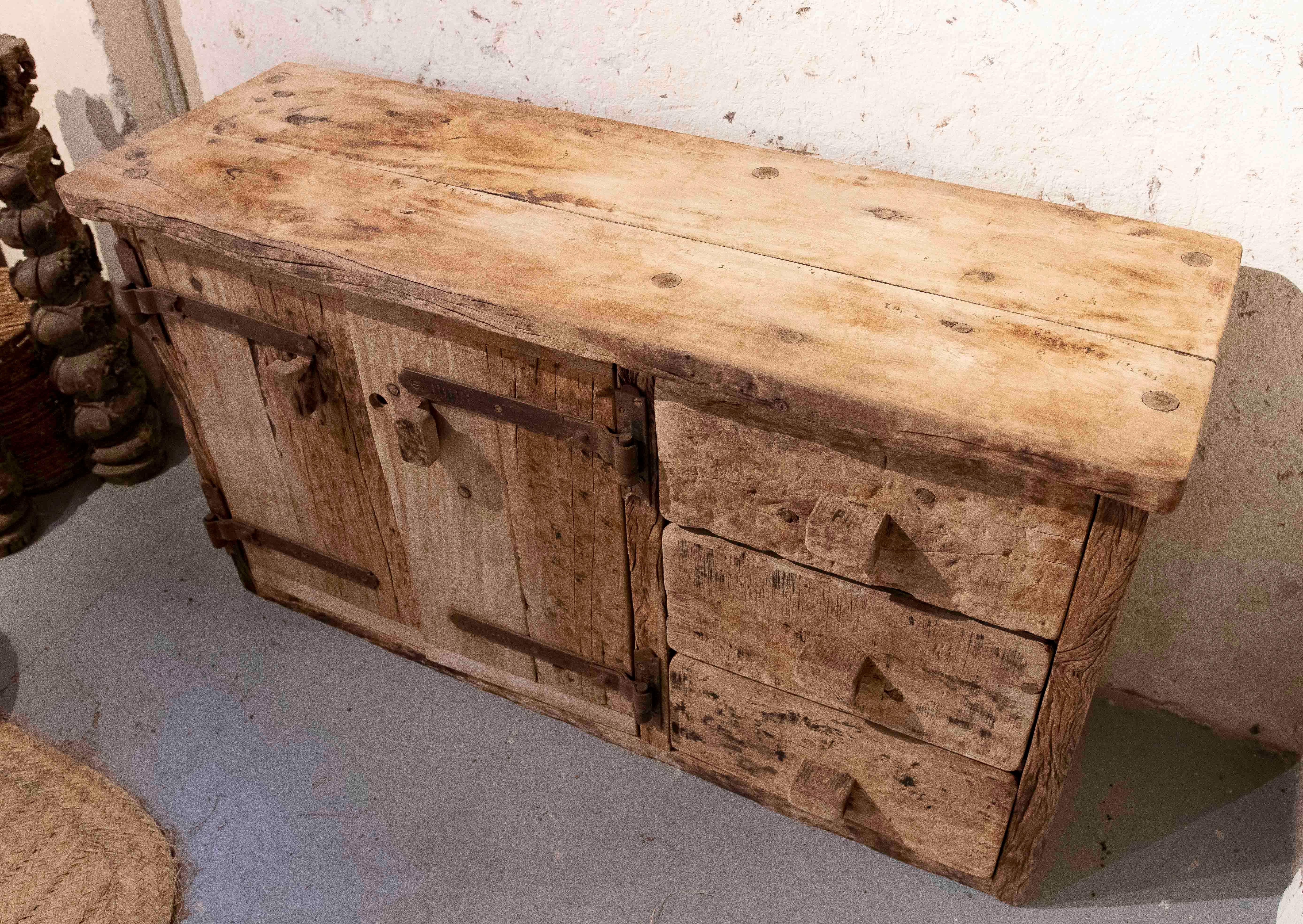 1970s Rustic Solid Wood Brutalist Style Sideboard with Antique Hardware 7