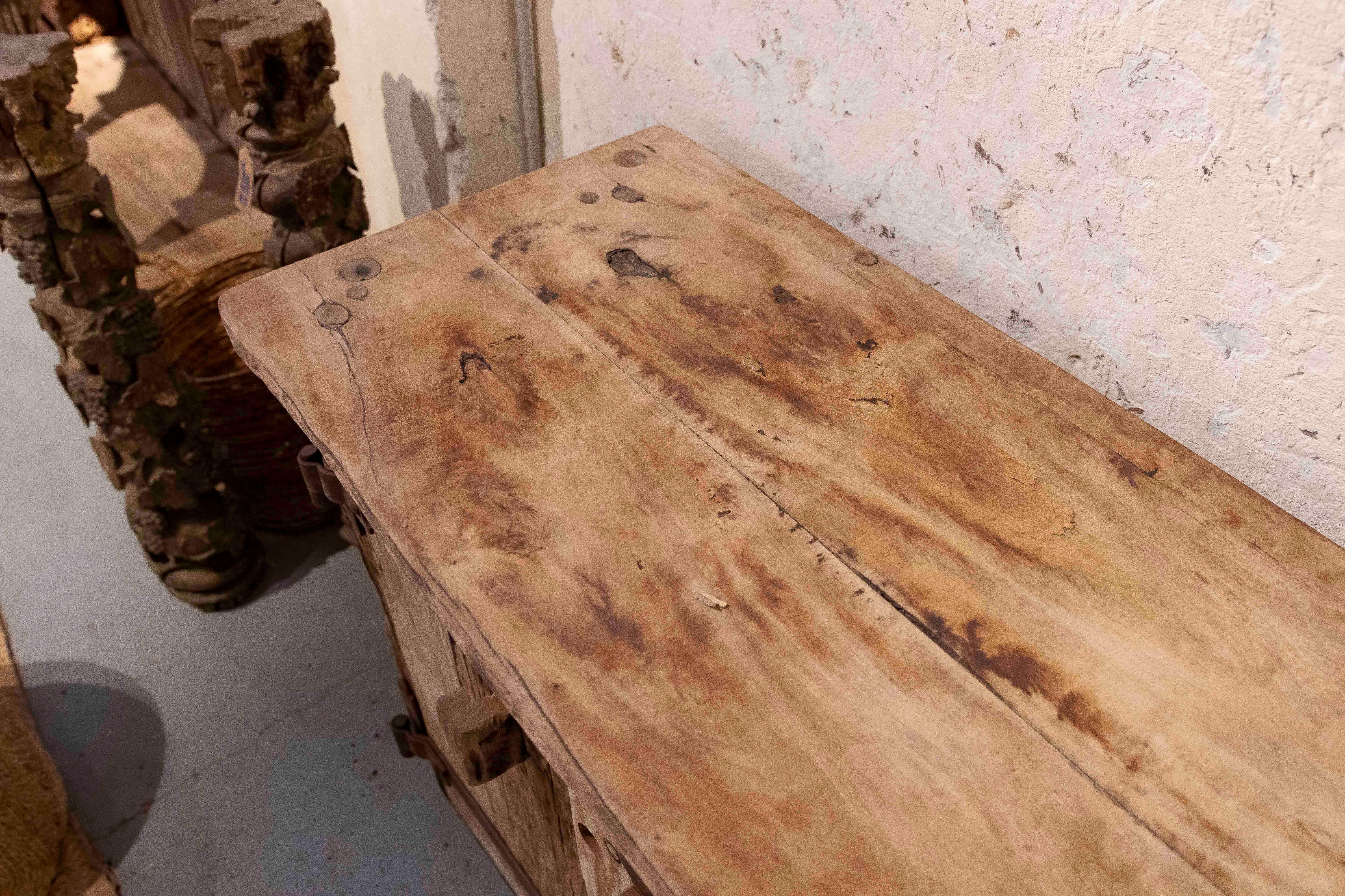 1970s Rustic Solid Wood Brutalist Style Sideboard with Antique Hardware 14