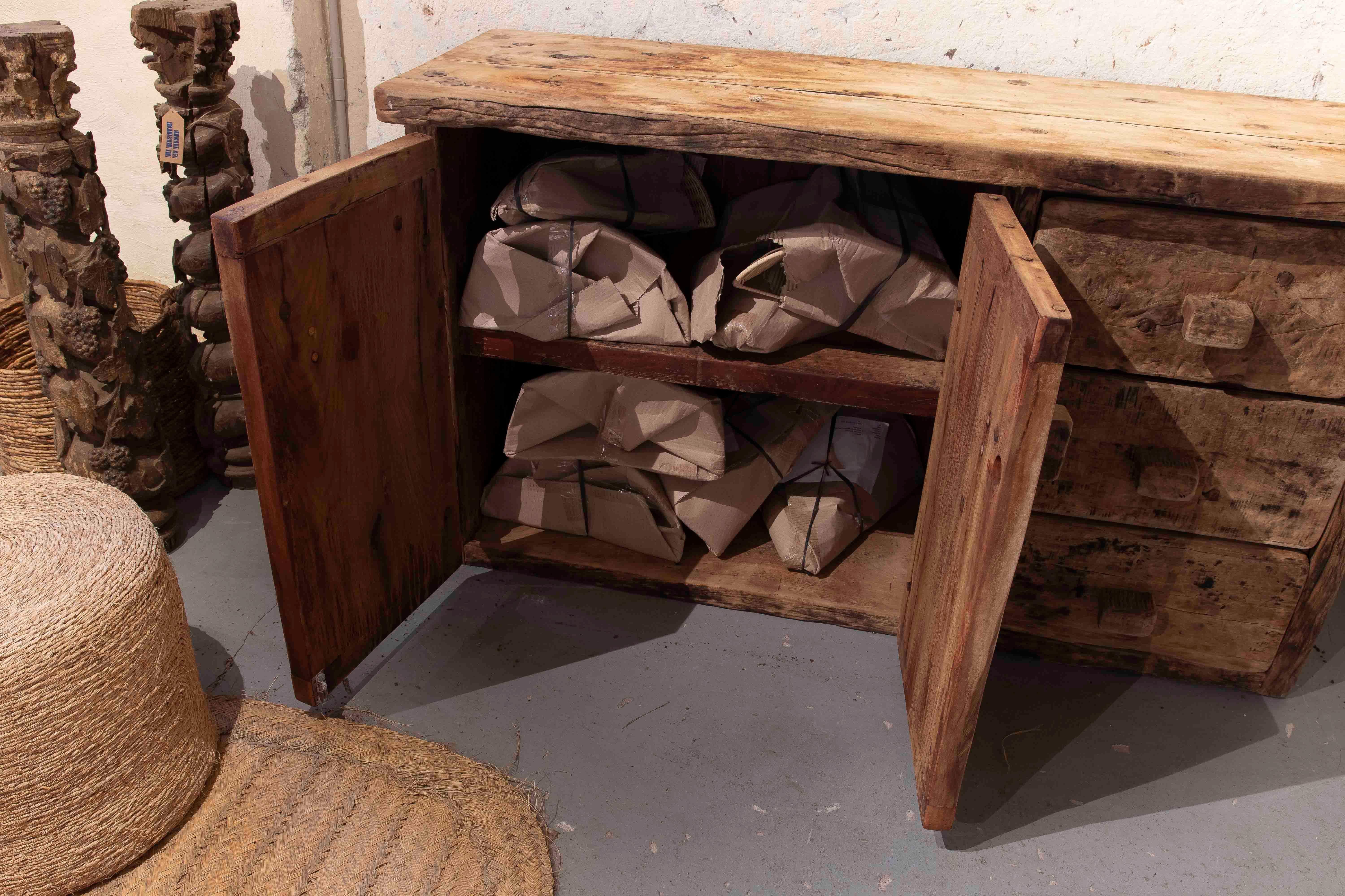Spanish 1970s Rustic Solid Wood Brutalist Style Sideboard with Antique Hardware