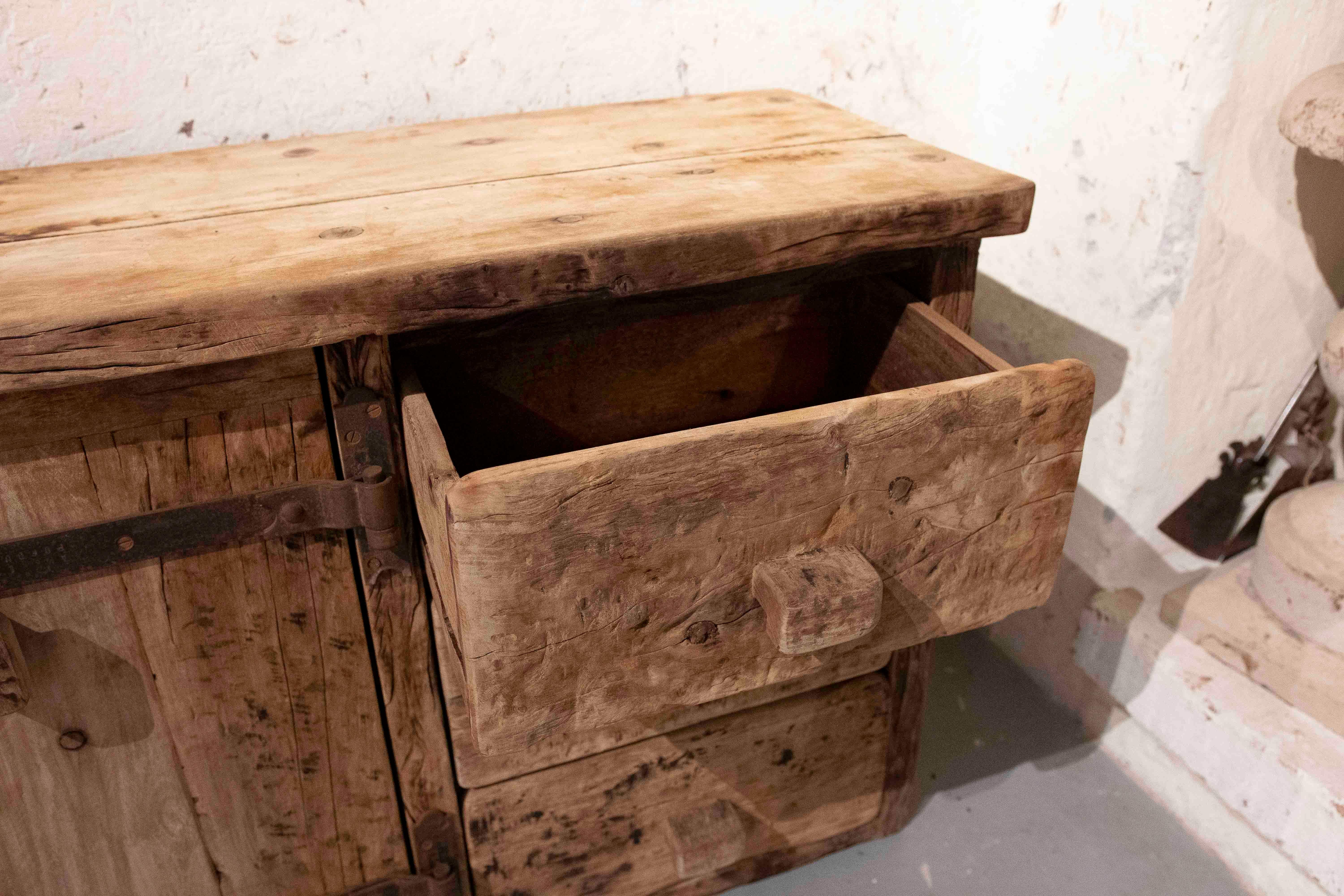 1970s Rustic Solid Wood Brutalist Style Sideboard with Antique Hardware In Good Condition In Marbella, ES