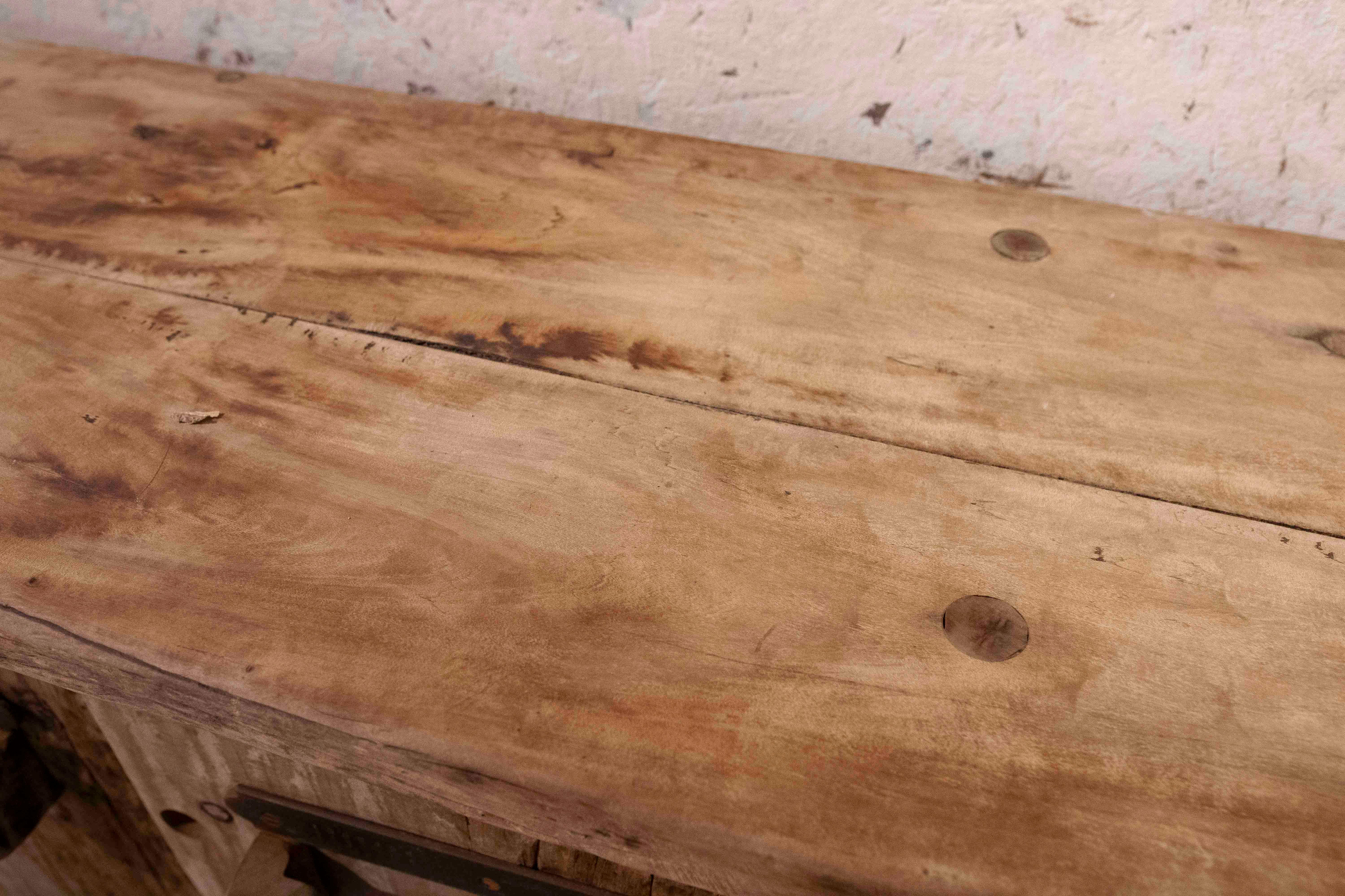 Iron 1970s Rustic Solid Wood Brutalist Style Sideboard with Antique Hardware