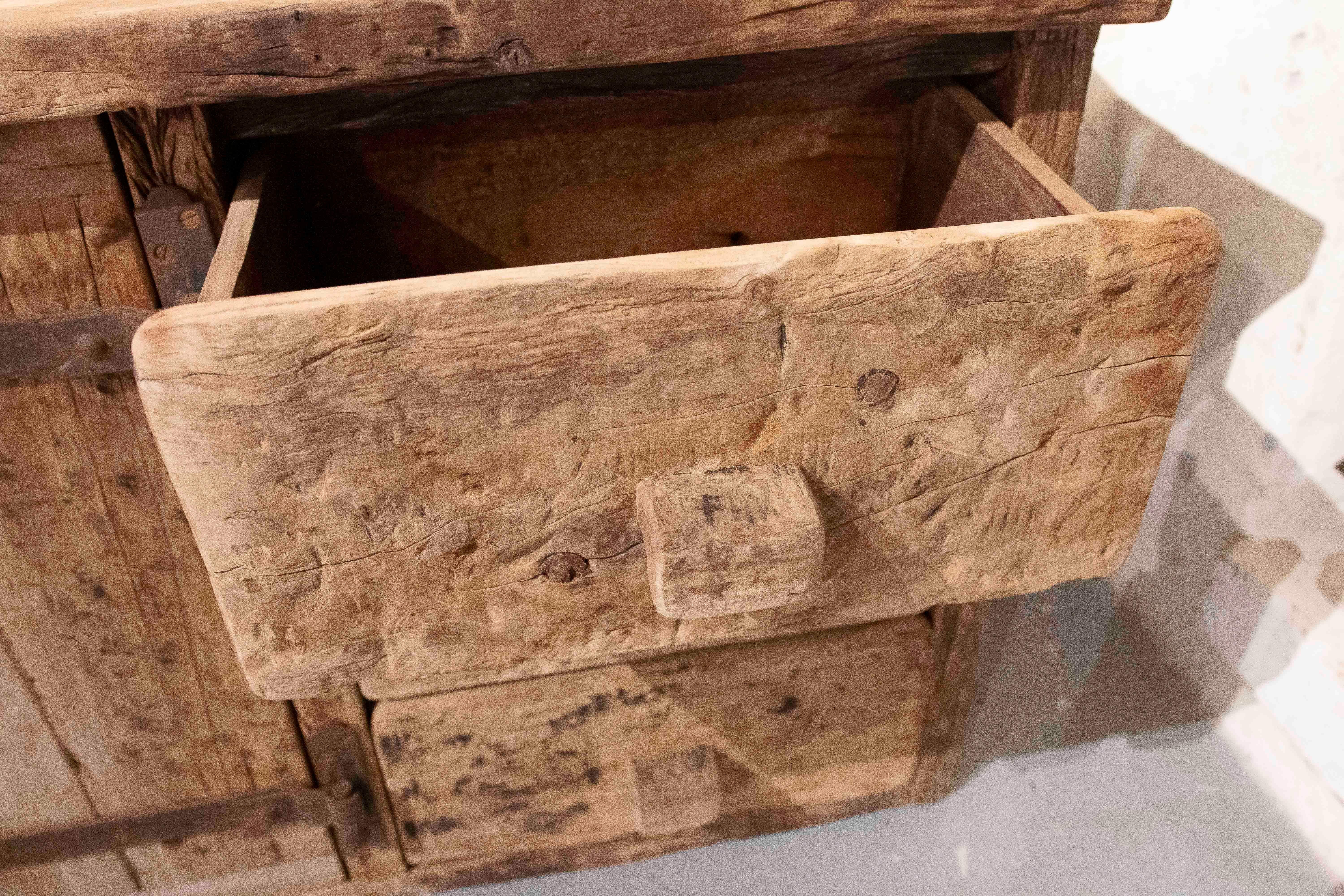 1970s Rustic Solid Wood Brutalist Style Sideboard with Antique Hardware 2