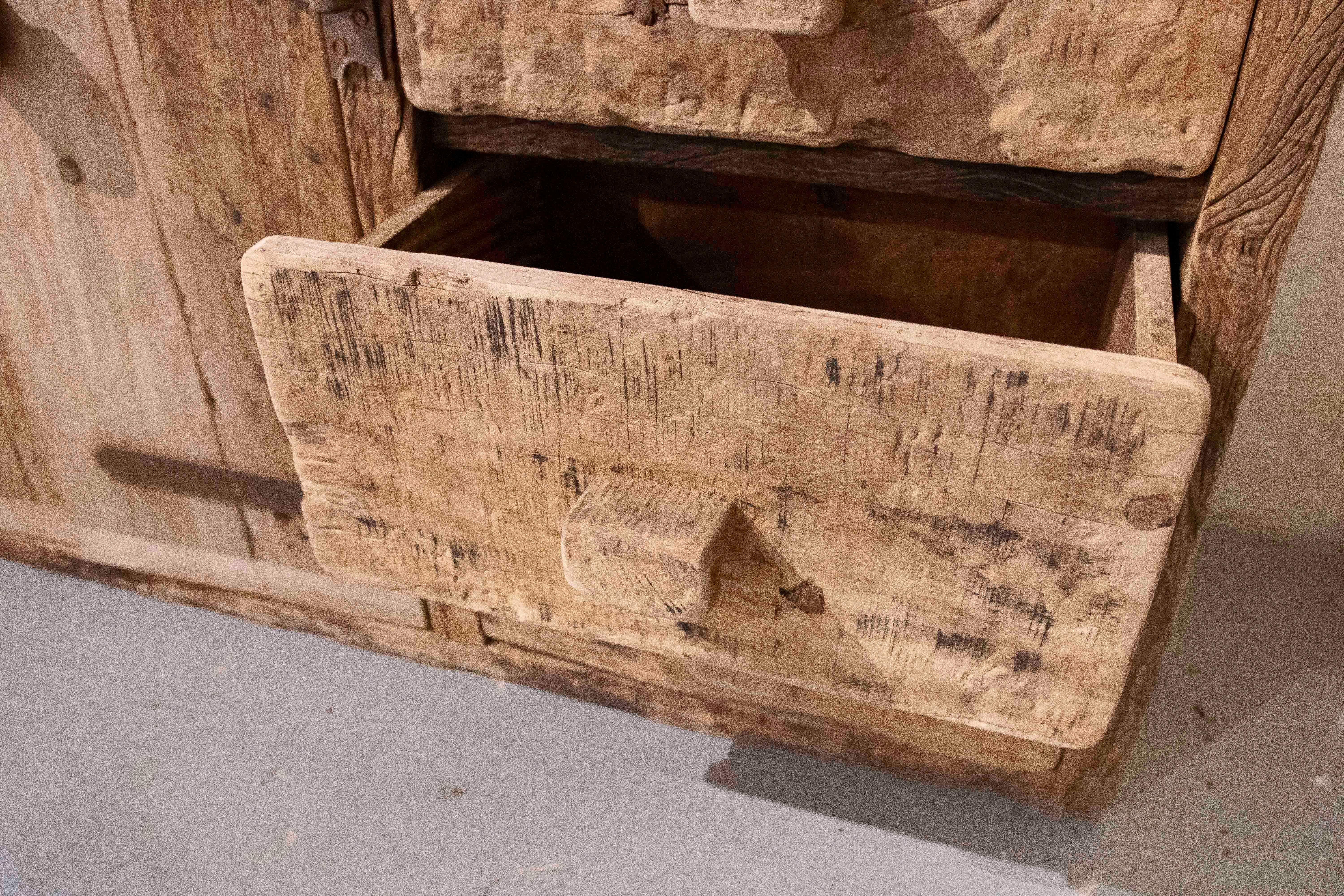 1970s Rustic Solid Wood Brutalist Style Sideboard with Antique Hardware 3