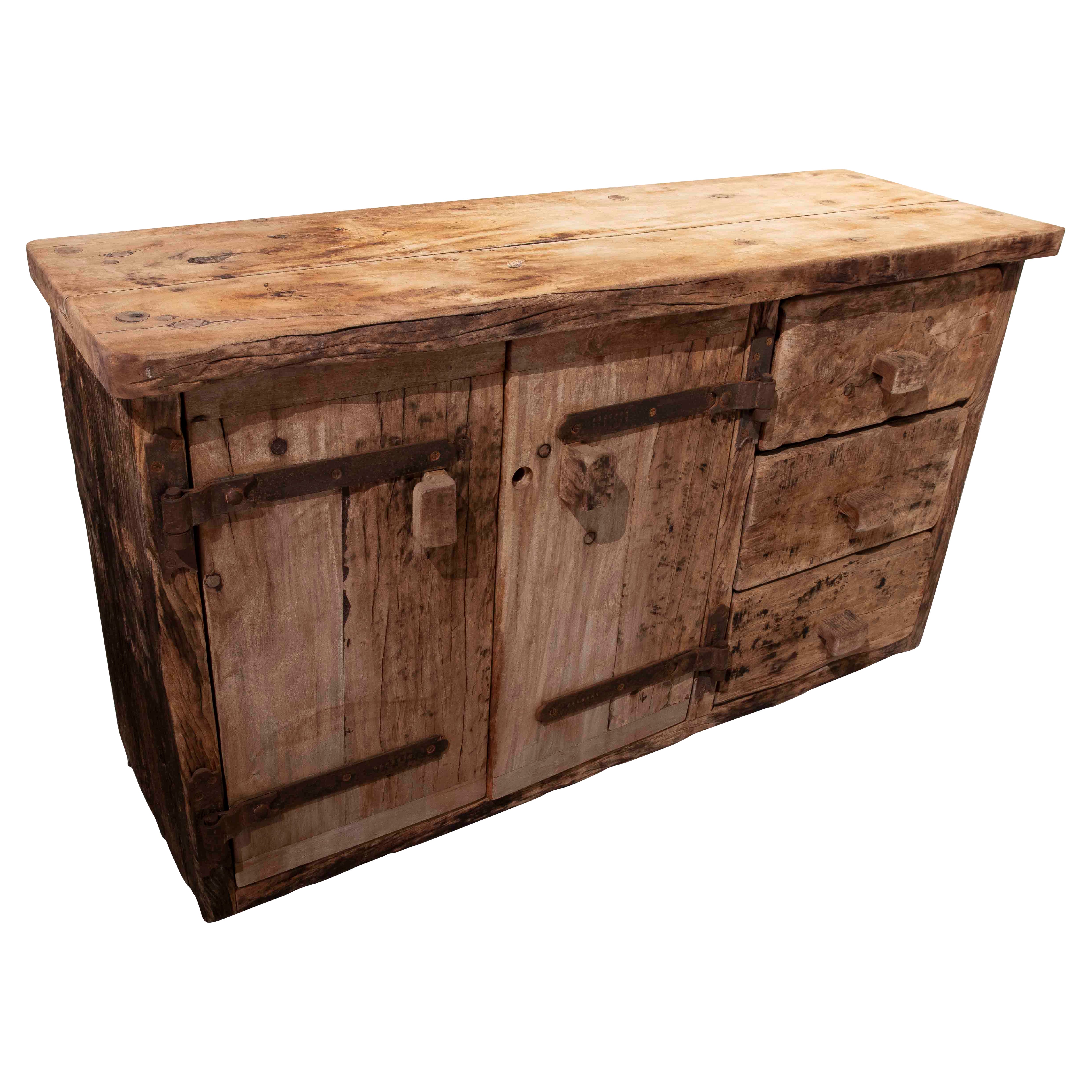 1970s Rustic Solid Wood Brutalist Style Sideboard with Antique Hardware