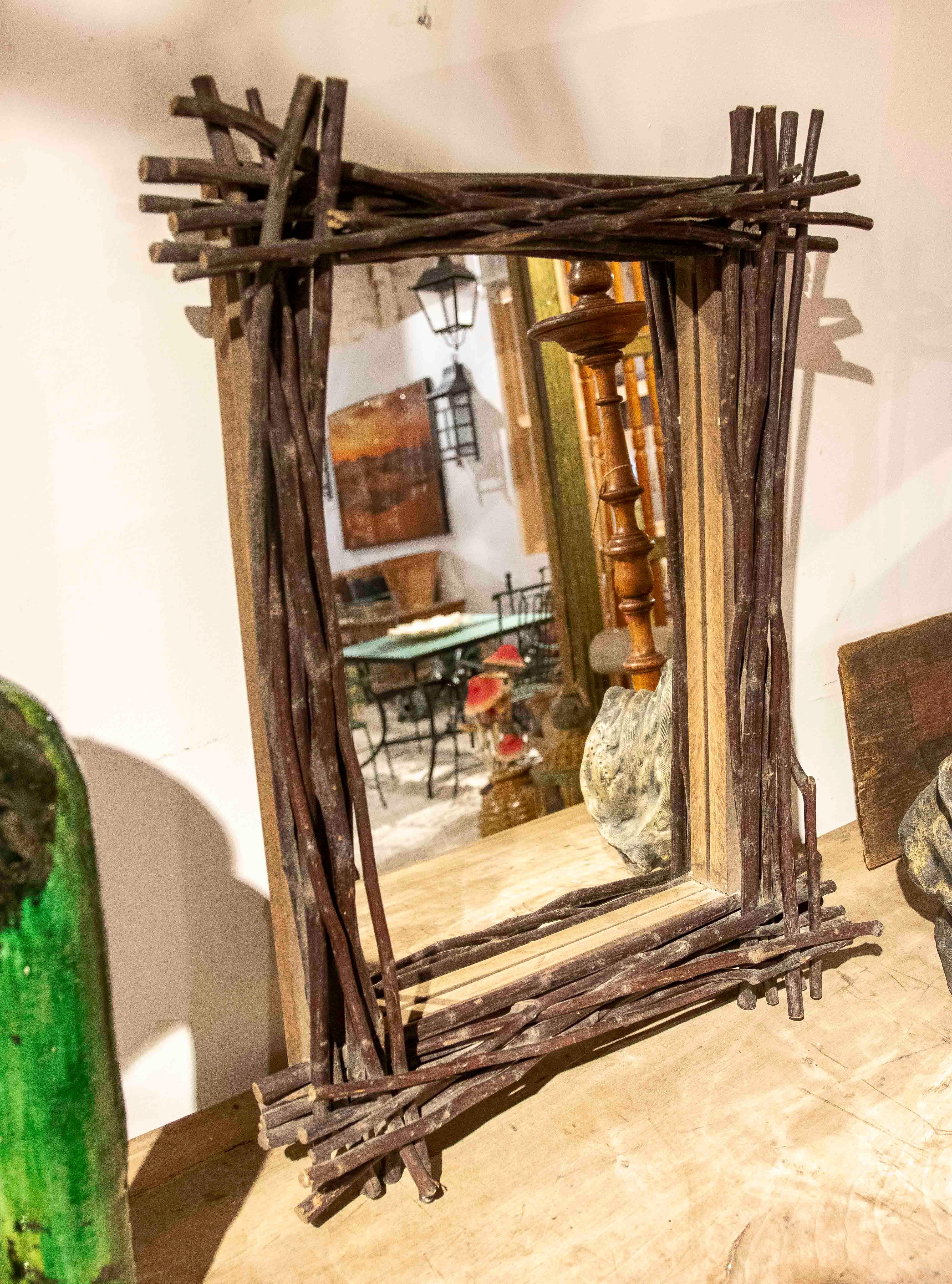 1970s Rustic Style Mirror with Natural Wood Branch Frame For Sale 5