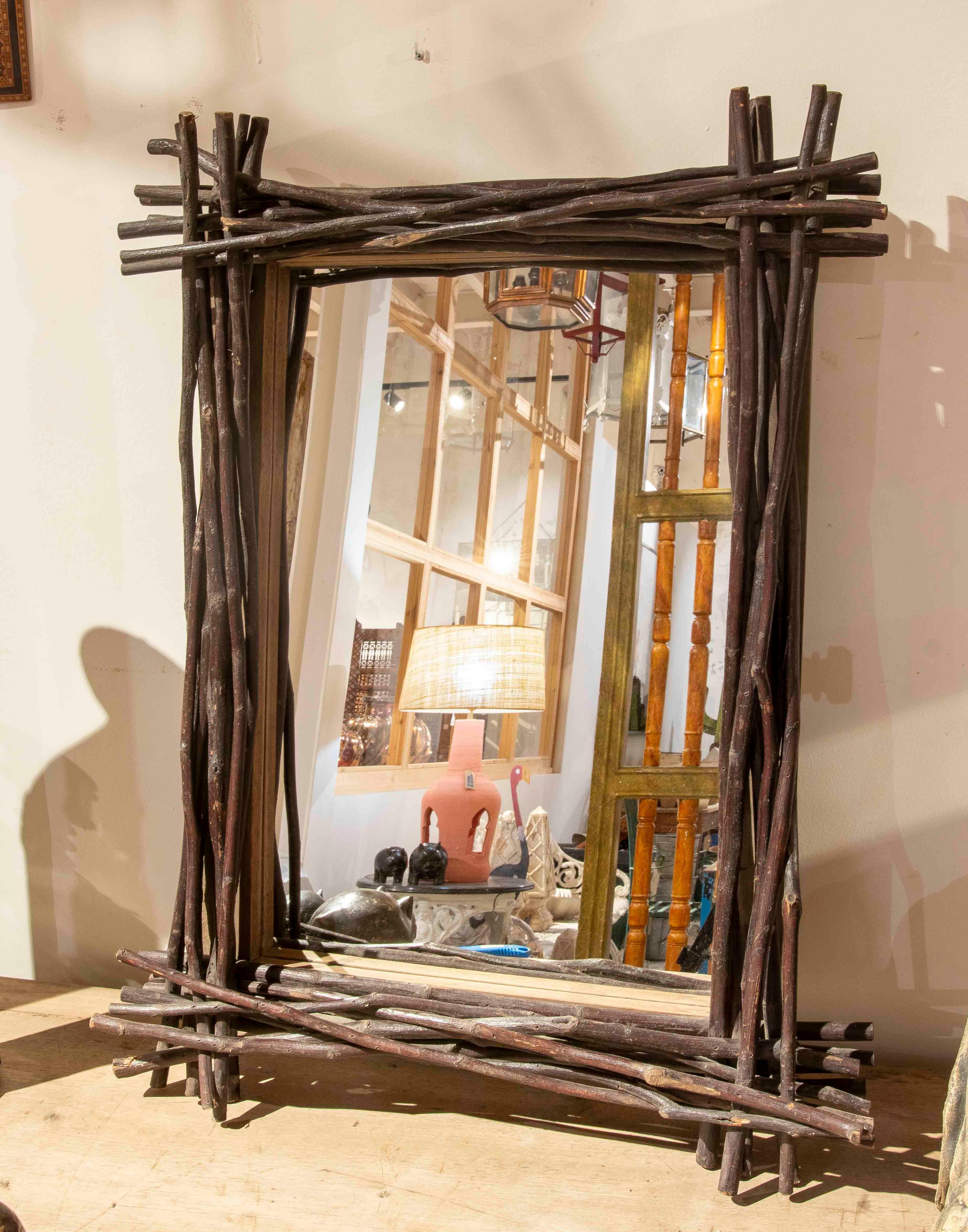 Spanish 1970s Rustic Style Mirror with Natural Wood Branch Frame For Sale