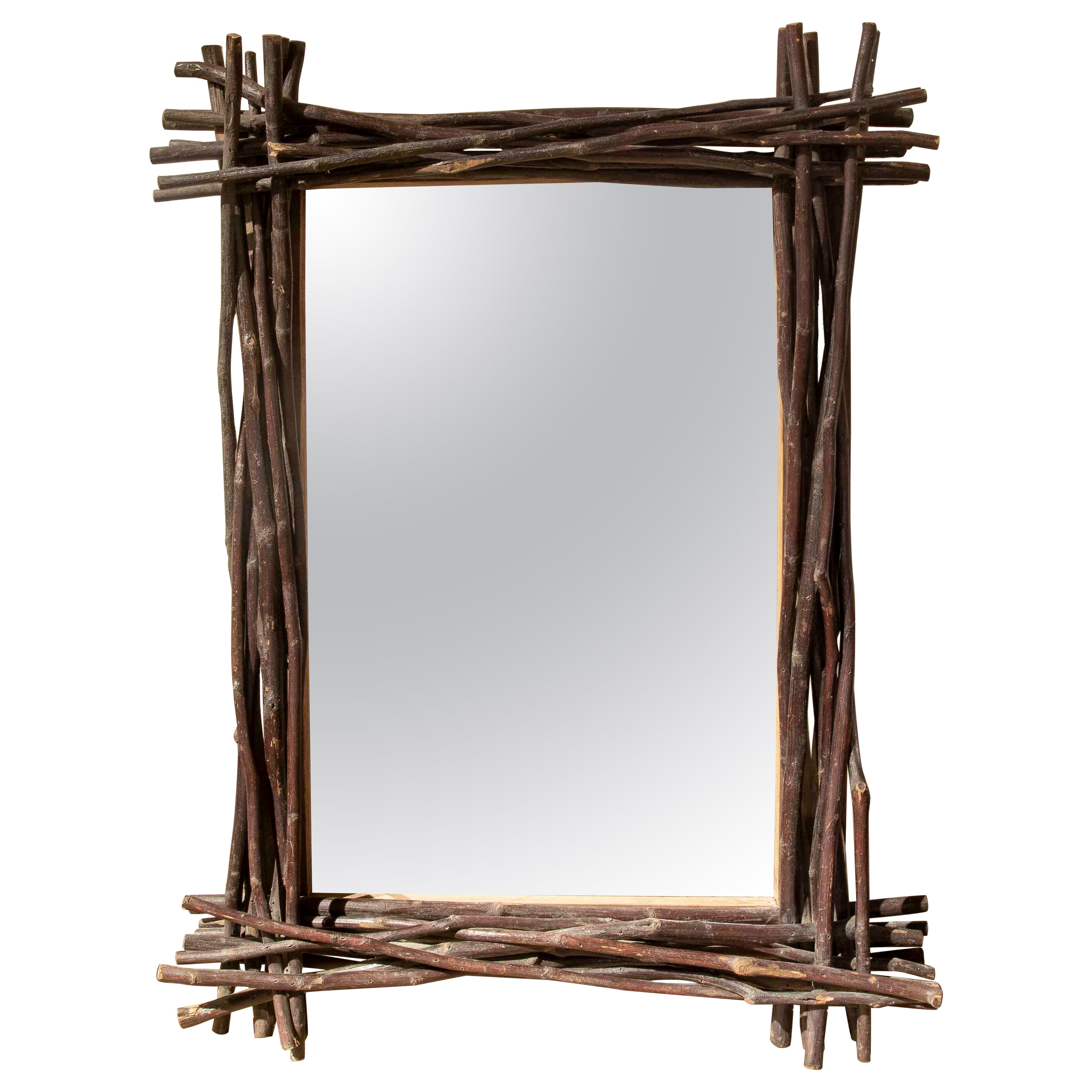 1970s Rustic Style Mirror with Natural Wood Branch Frame For Sale