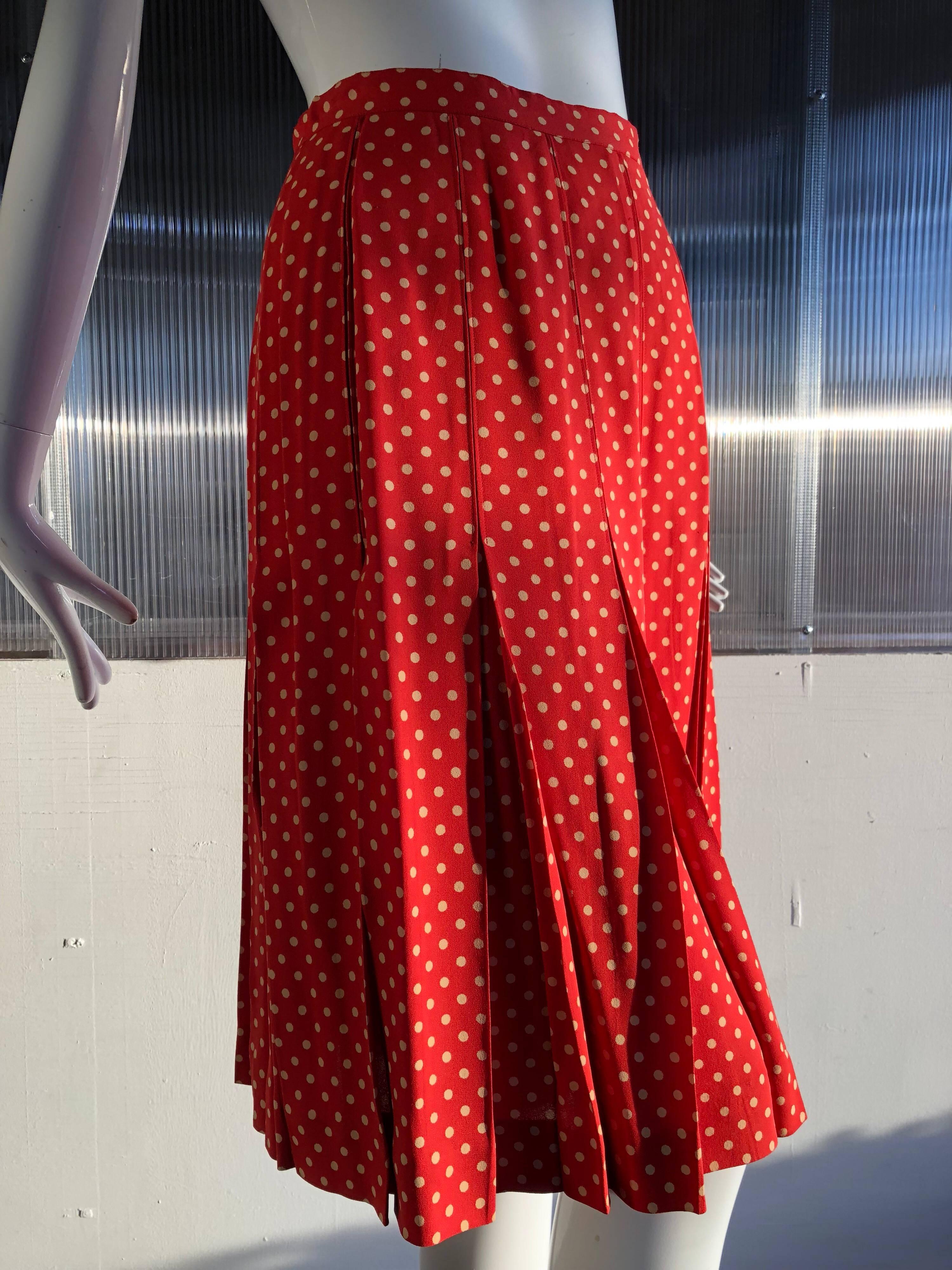 Women's Saint Laurent 40s-Inspired Box Pleated Orange Polka Dot Crepe Skirt, 1970s 