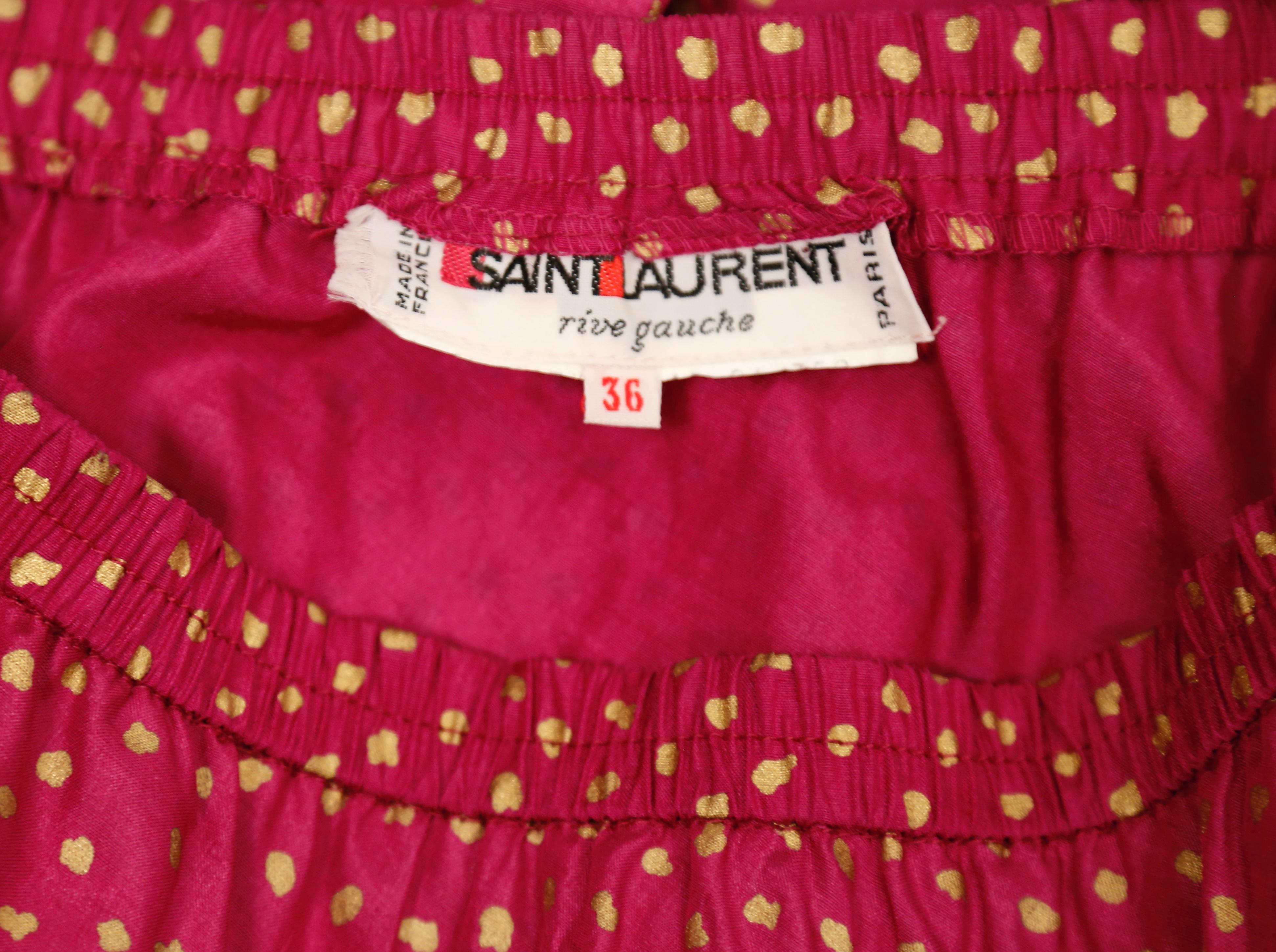1970's SAINT LAURENT fuchsia and gold skirt with ruffled hem and long belt For Sale 2