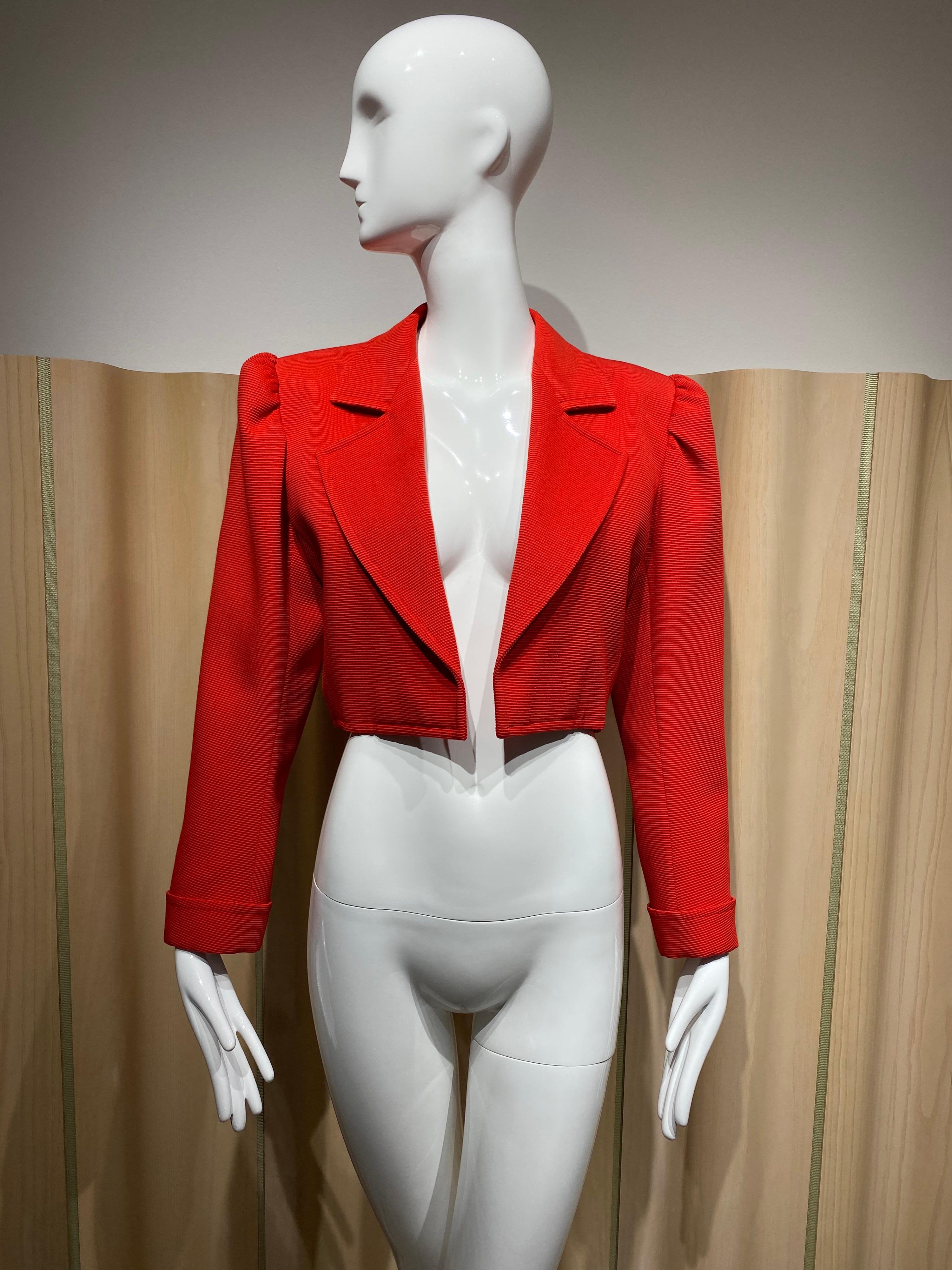 1980s Yves Saint Laurent , Saint laurent rive gauche Orange Red wool Crop Jacket Blazer. 
Jacket is lined in silk
Marked size :42. Fit US size 4/6 
Measurement : Bust: 36.5/ Jacket length : 17”/ Shoulder 15.5” / Sleeve length: 22”

** Saint Laurent