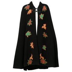 1970s  Saint Laurent Rive Gauche Black Wool Falling Leaves Appliquè Cape