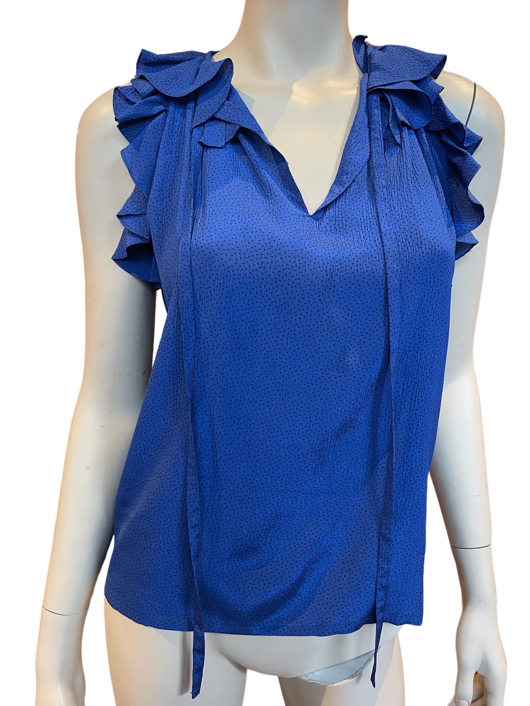 1970s Saint Laurent Rive Gauche Cobalt Blue Silk Ruffle Top
