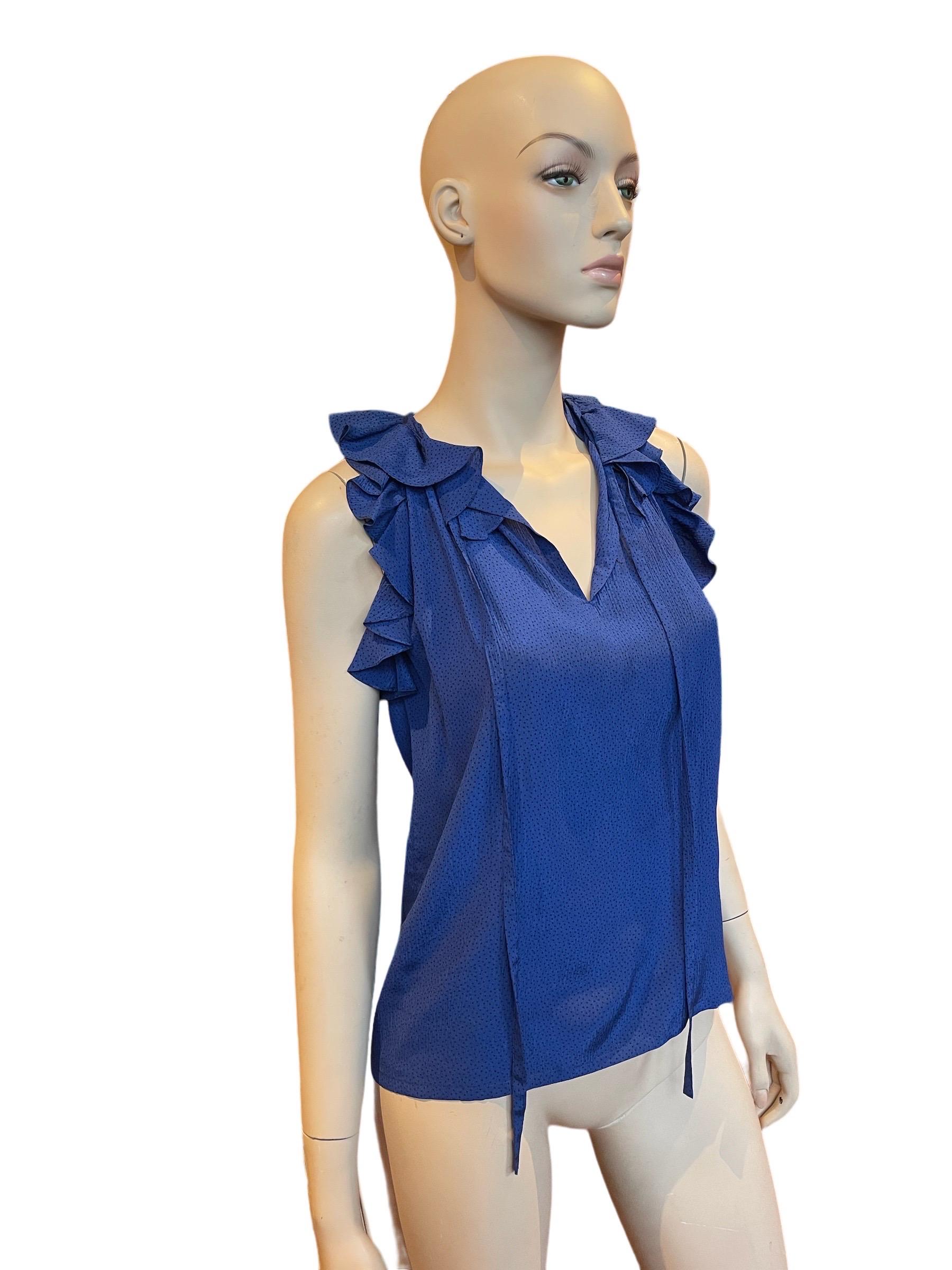 1970s Saint Laurent Rive Gauche Cobalt Blue Silk Ruffle Top In Good Condition For Sale In Greenport, NY