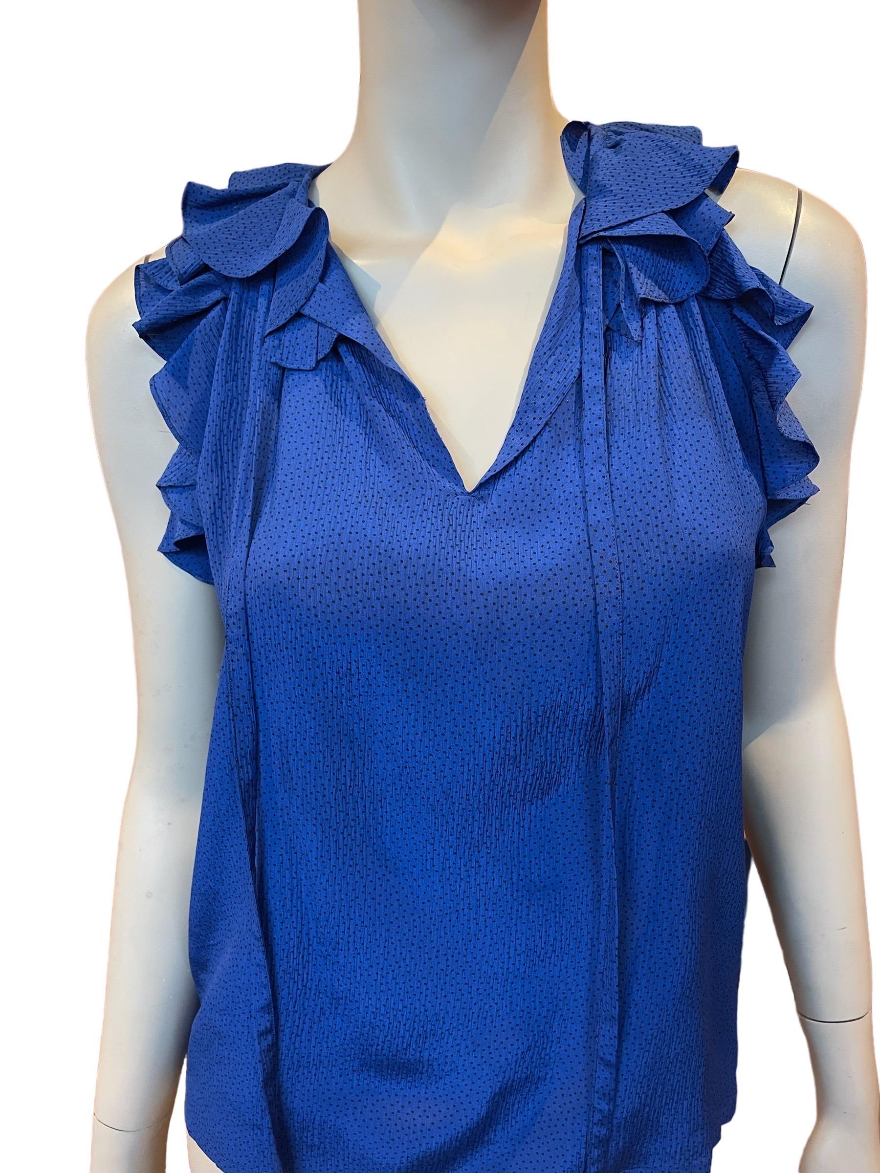 Women's or Men's 1970s Saint Laurent Rive Gauche Cobalt Blue Silk Ruffle Top For Sale