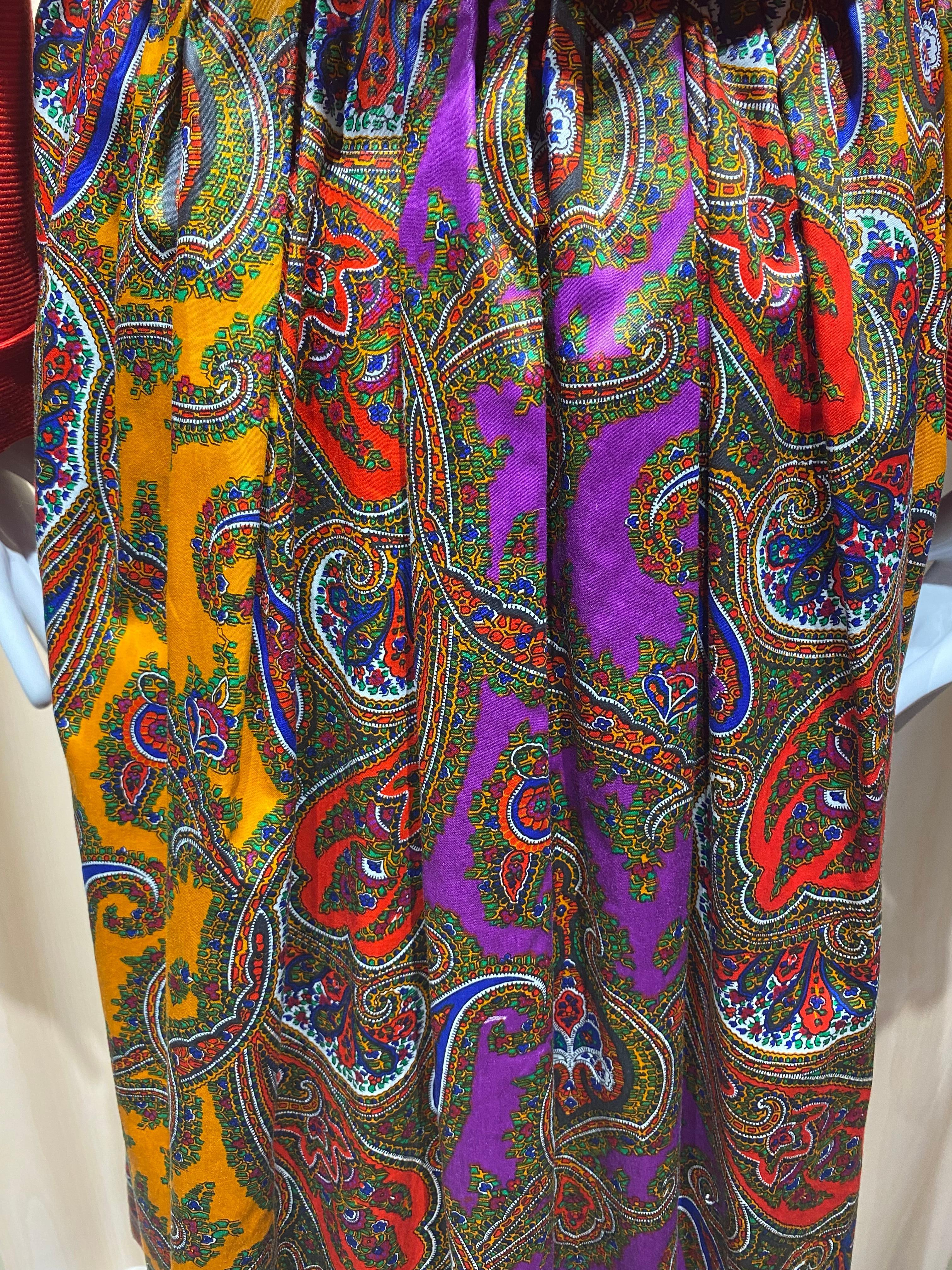 Brown 1970s Saint Laurent  Purple, Orange, Yellow Paisley Print Cotton Skirt