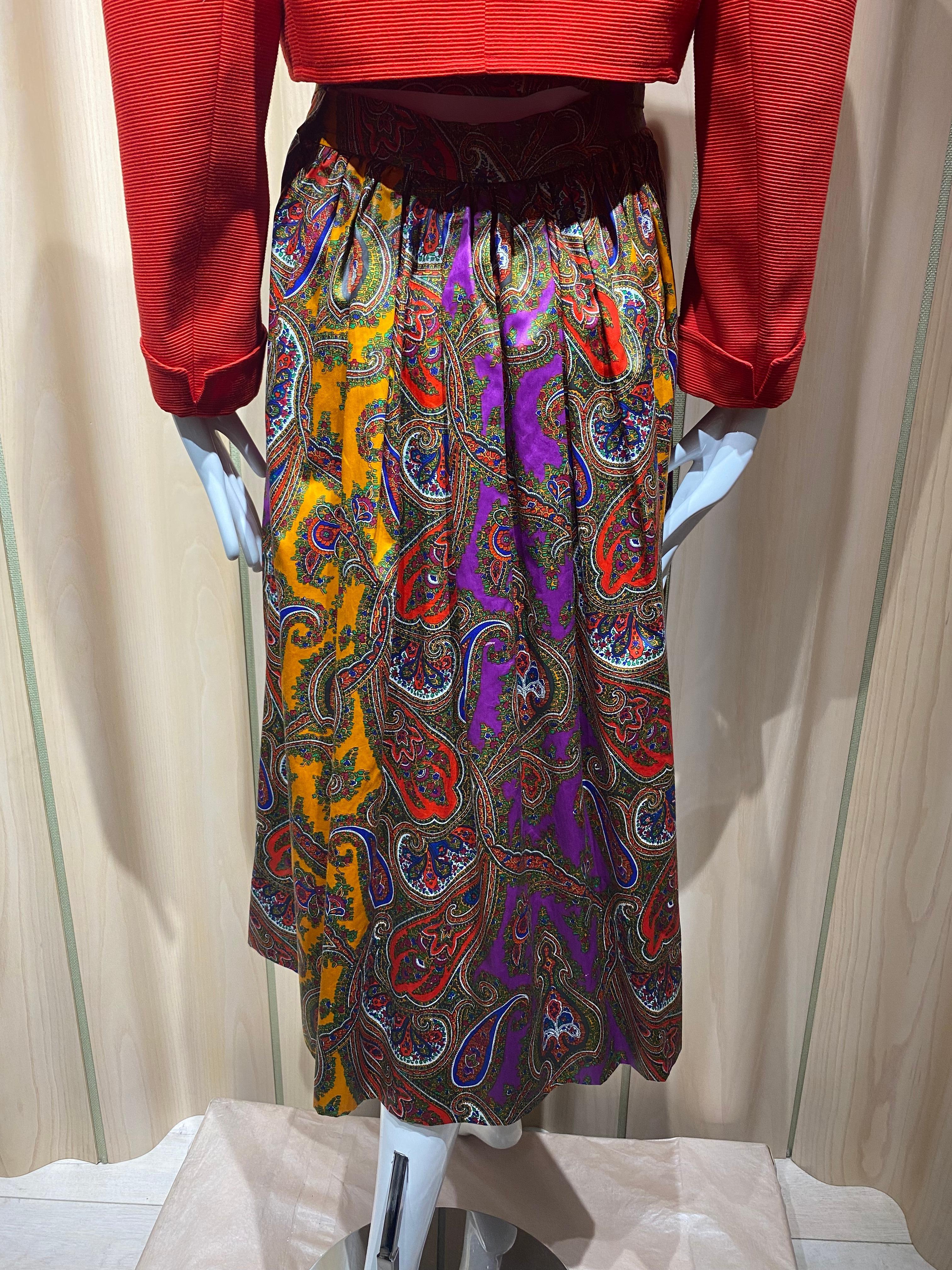 1970s Saint Laurent  Purple, Orange, Yellow Paisley Print Cotton Skirt In Excellent Condition In Beverly Hills, CA