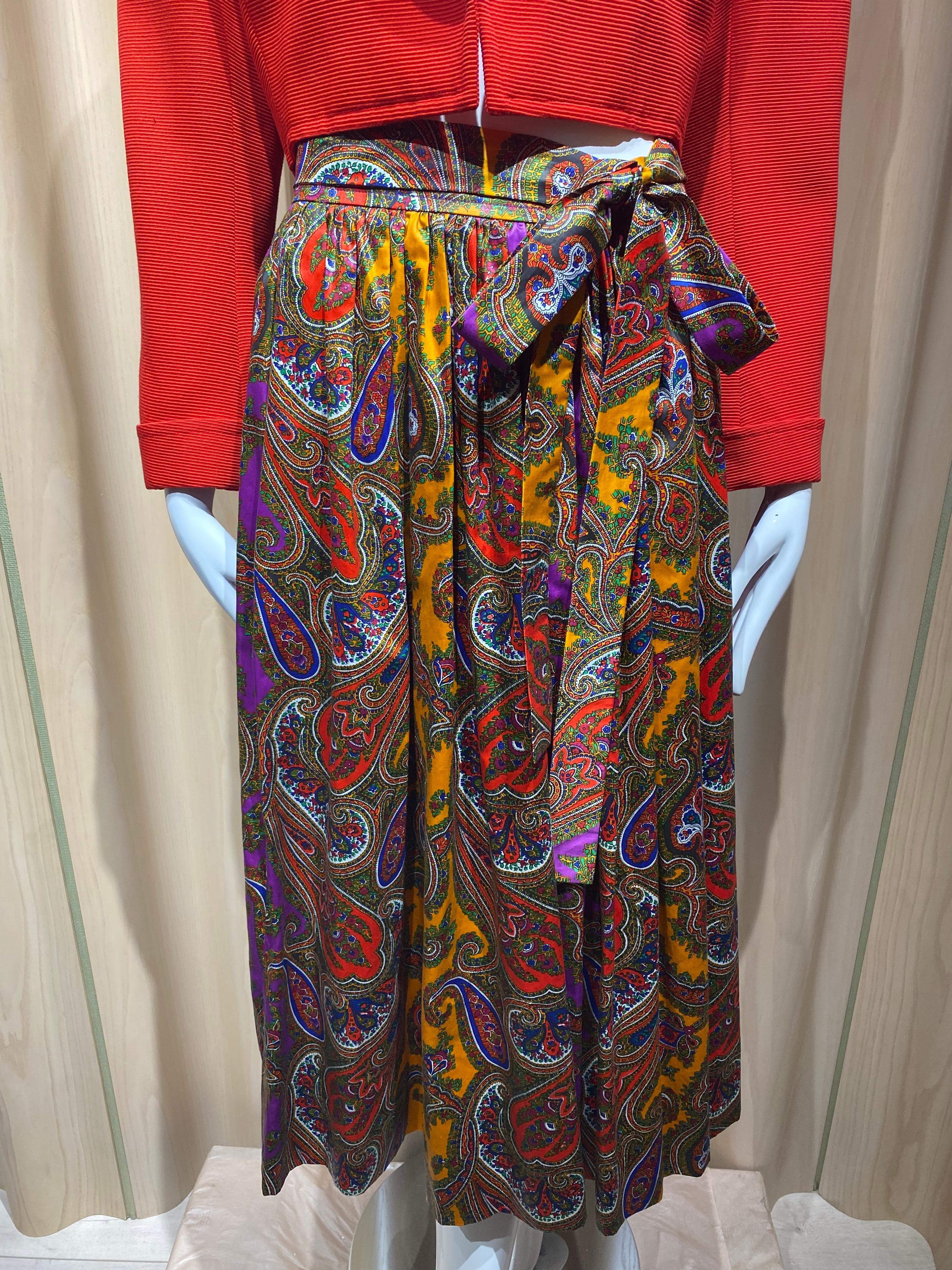 1970s Saint Laurent  Purple, Orange, Yellow Paisley Print Cotton Skirt 1