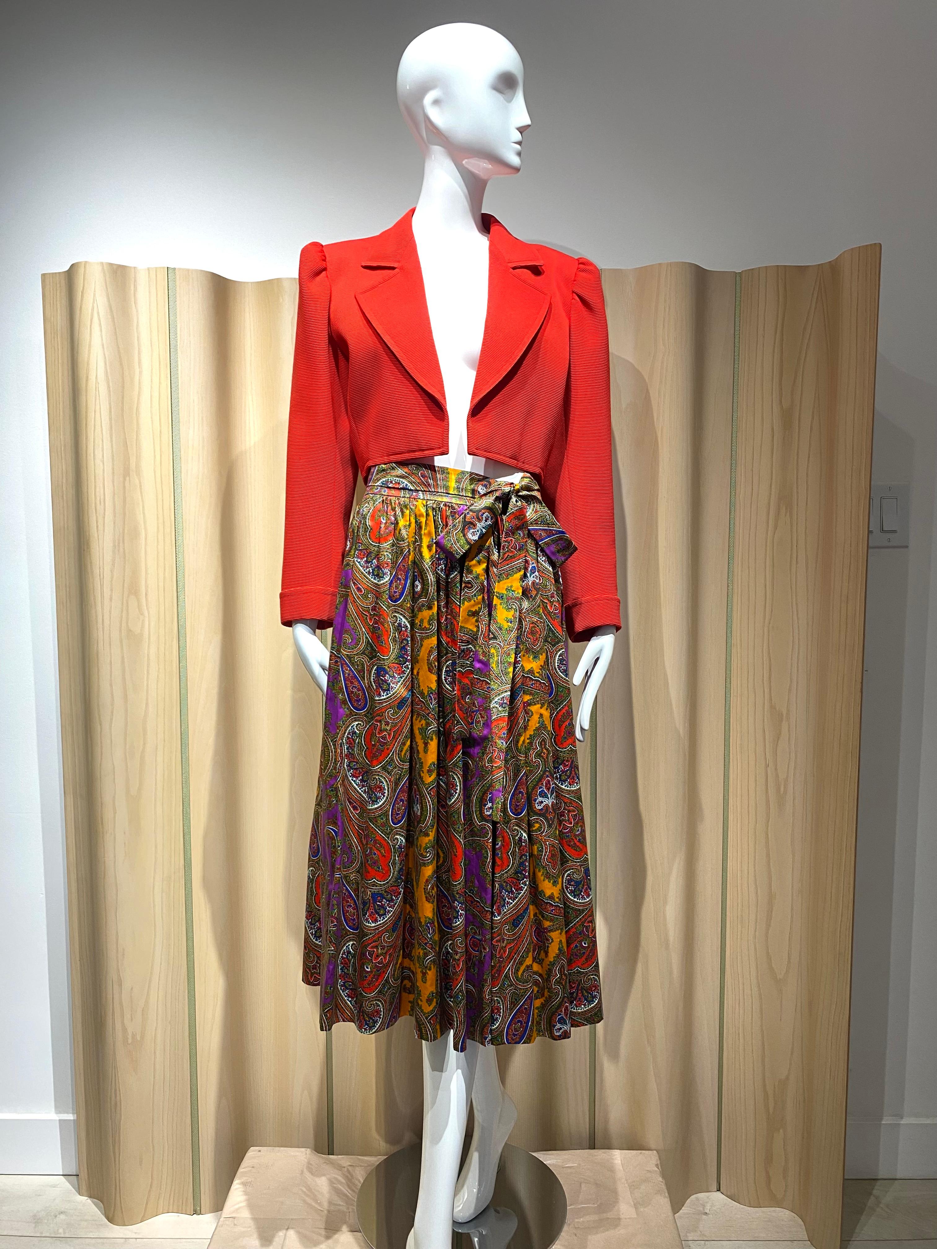 1970s Saint Laurent  Purple, Orange, Yellow Paisley Print Cotton Skirt 3