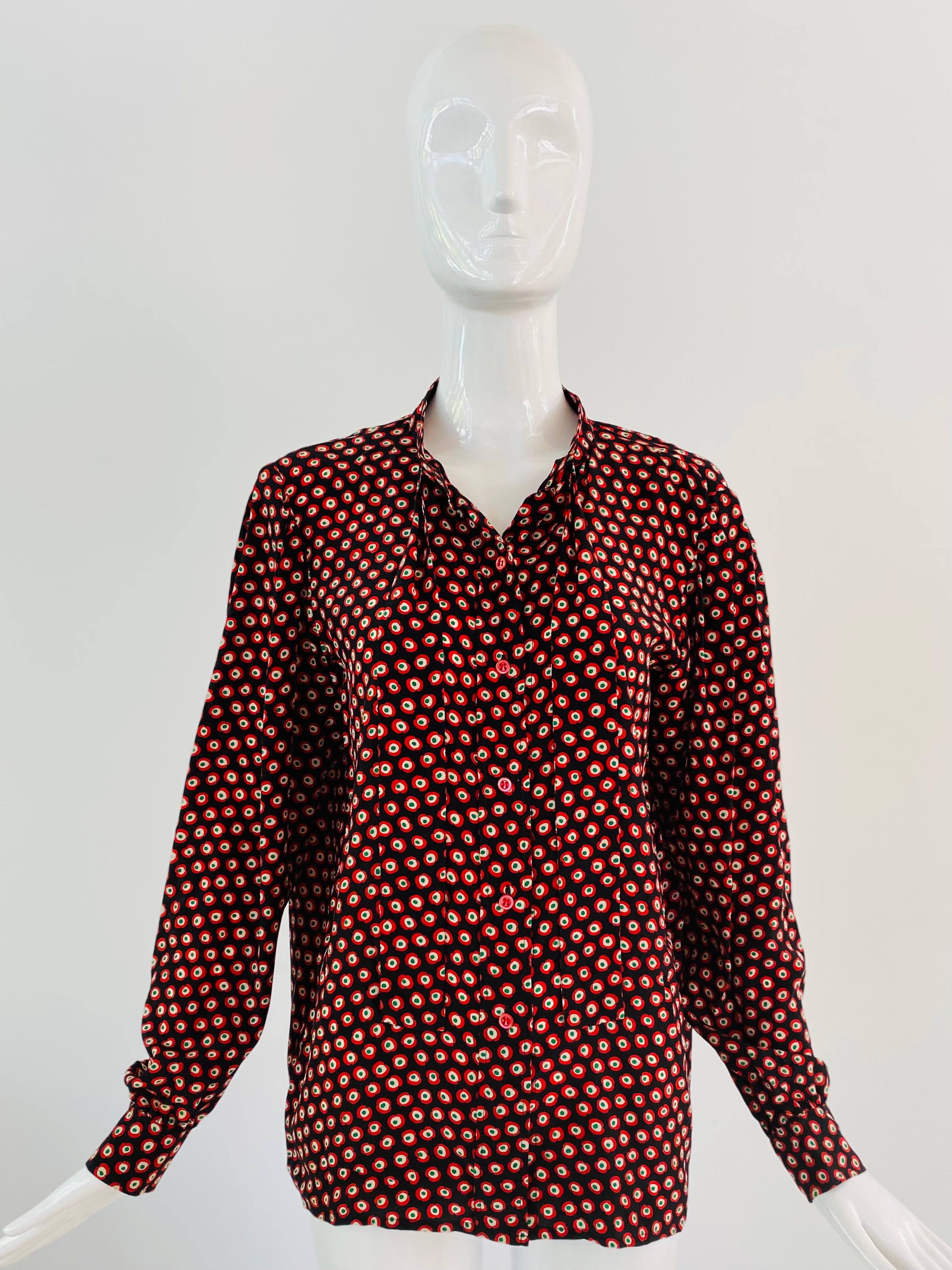 Black 1970s Saint Laurent Rive Gauche Red Silk Blouse For Sale