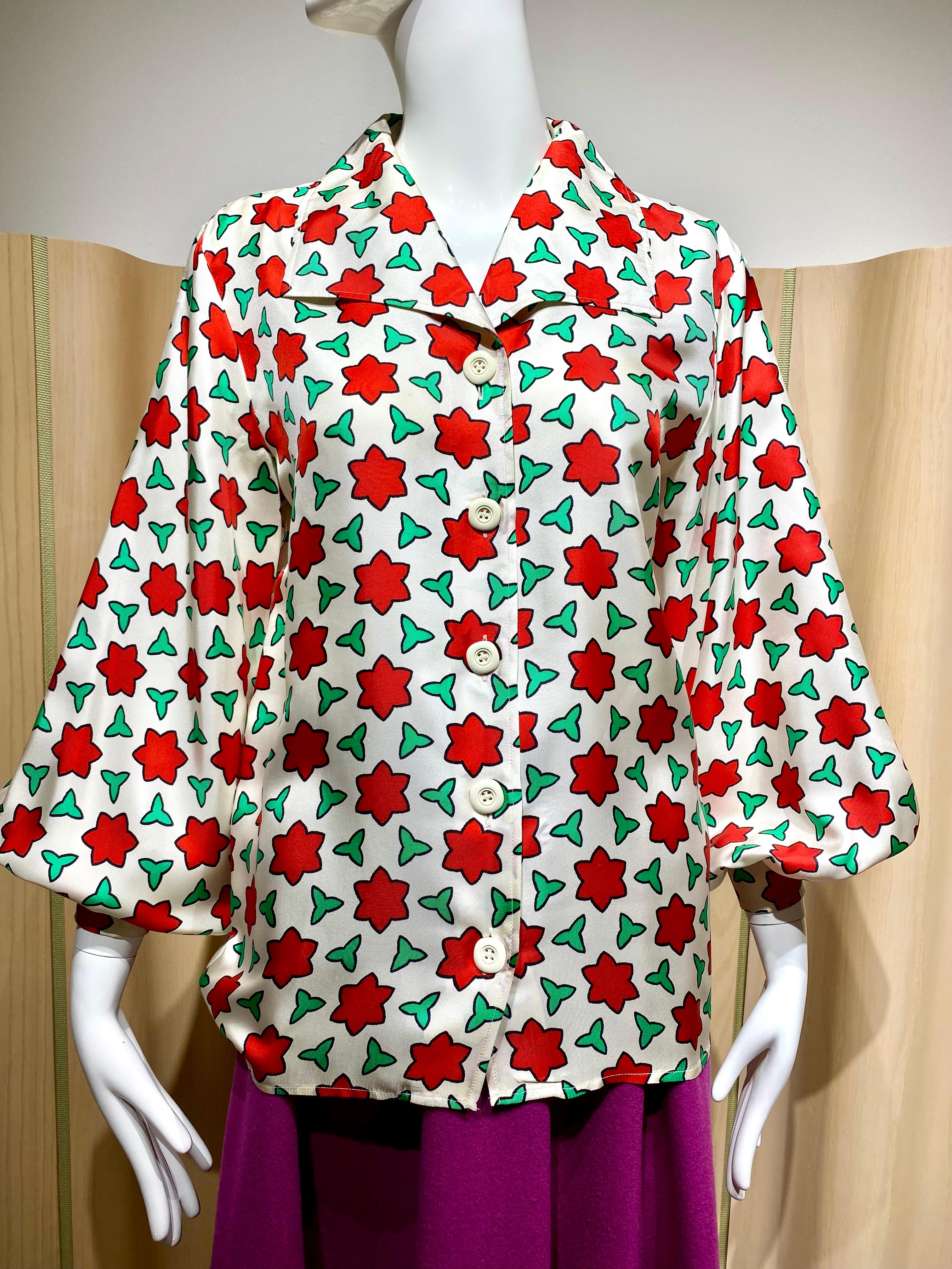 Women's 1970s Saint Laurent Rive Gauche White Silk Blouse with Red Stars Print  For Sale
